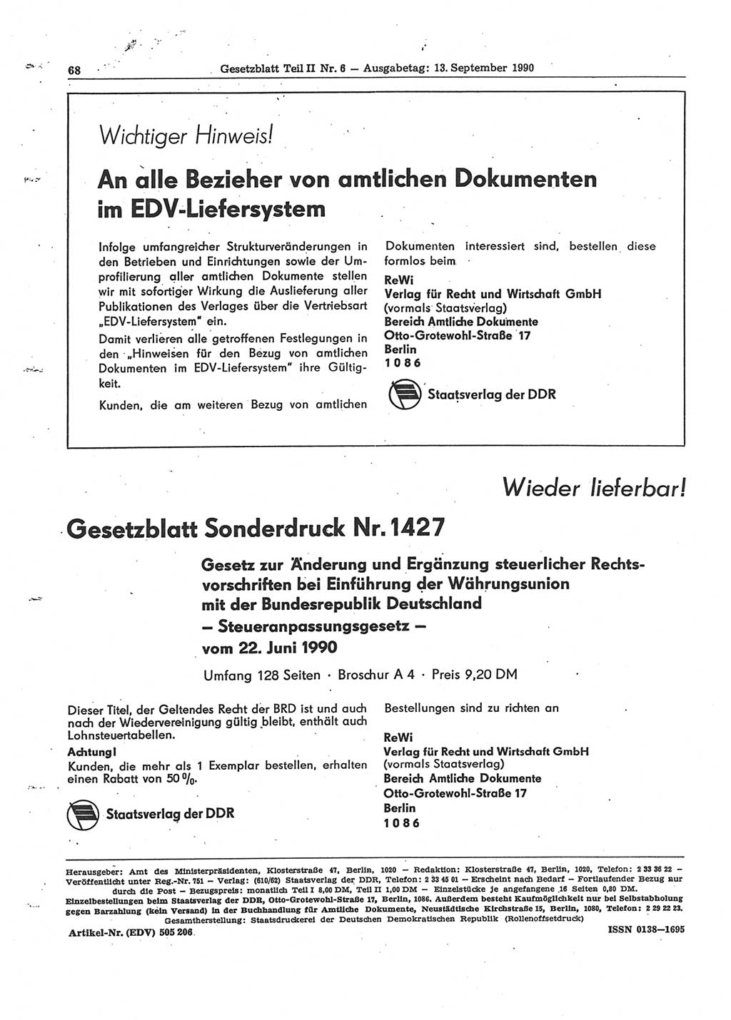 Gesetzblatt (GBl.) der Deutschen Demokratischen Republik (DDR) Teil ⅠⅠ 1990, Seite 68 (GBl. DDR ⅠⅠ 1990, S. 68)