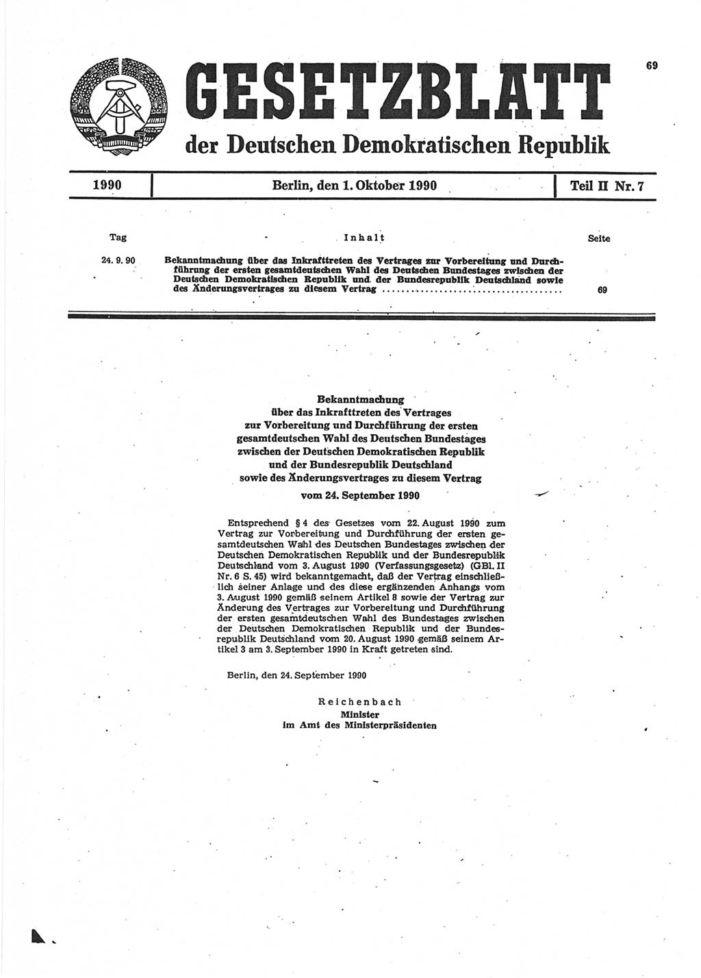 Gesetzblatt (GBl.) der Deutschen Demokratischen Republik (DDR) Teil ⅠⅠ 1990, Seite 69 (GBl. DDR ⅠⅠ 1990, S. 69)