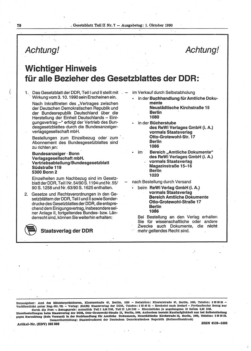 Gesetzblatt (GBl.) der Deutschen Demokratischen Republik (DDR) Teil ⅠⅠ 1990, Seite 70 (GBl. DDR ⅠⅠ 1990, S. 70)