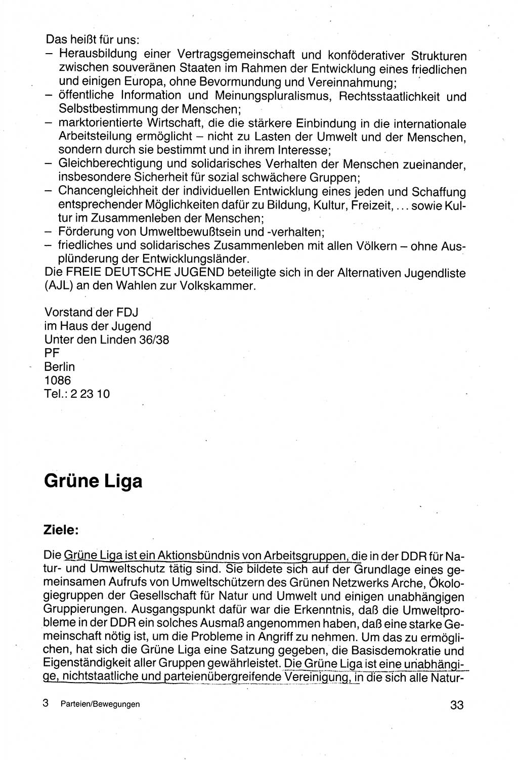 Politische Parteien und Bewegungen der DDR (Deutsche Demokratische Republik) über sich selbst 1990, Seite 33 (Pol. Part. Bew. DDR 1990, S. 33)