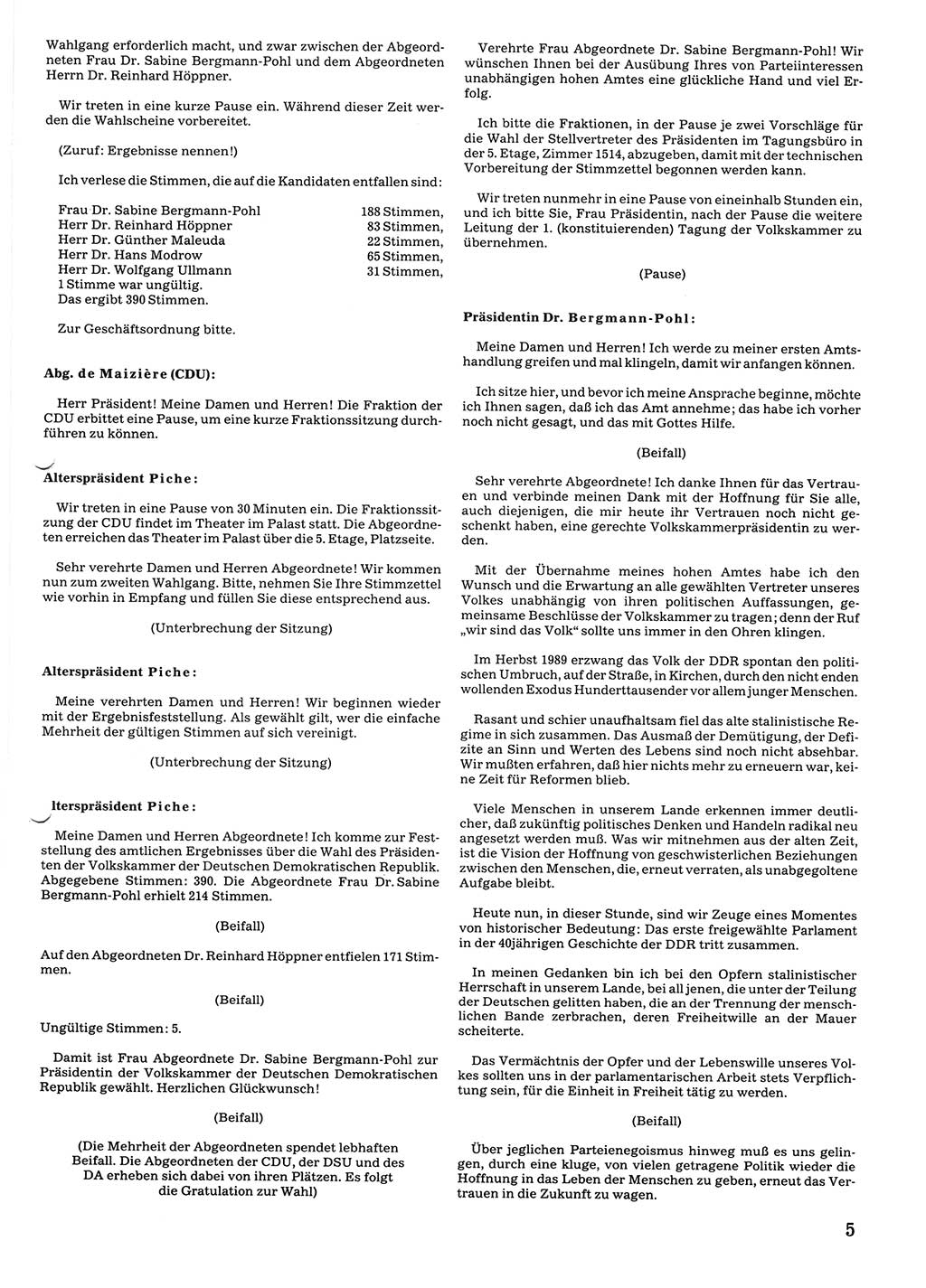 Tagungen der Volkskammer (VK) der Deutschen Demokratischen Republik (DDR), 10. Wahlperiode 1990, Seite 5 (VK. DDR 10. WP. 1990, Prot. Tg. 1-38, 5.4.-2.10.1990, S. 5)