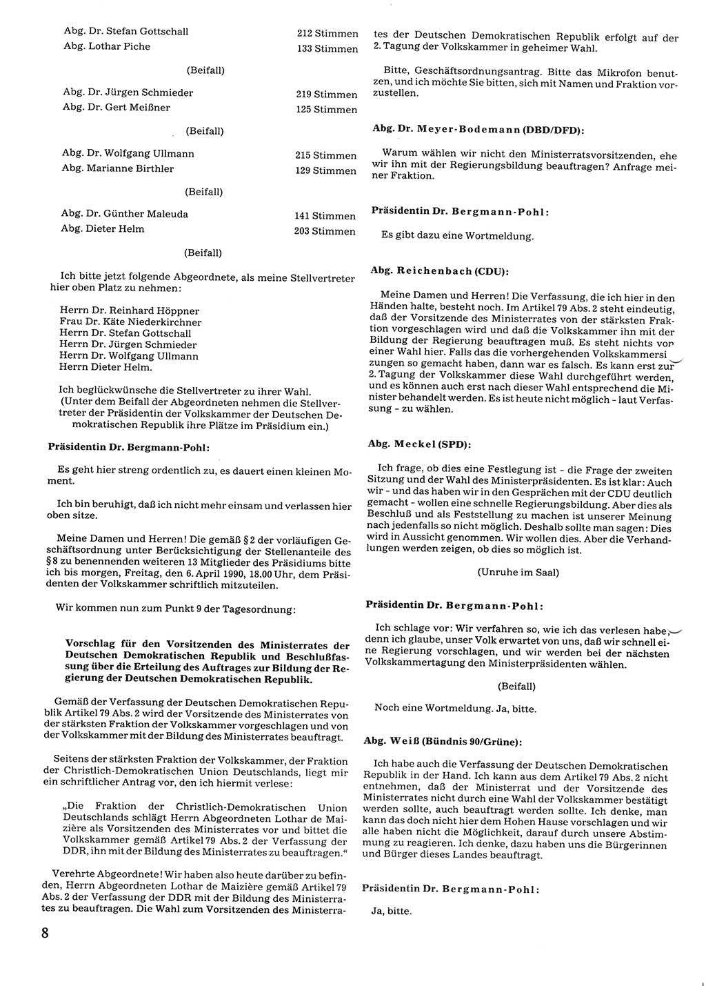 Tagungen der Volkskammer (VK) der Deutschen Demokratischen Republik (DDR), 10. Wahlperiode 1990, Seite 8 (VK. DDR 10. WP. 1990, Prot. Tg. 1-38, 5.4.-2.10.1990, S. 8)
