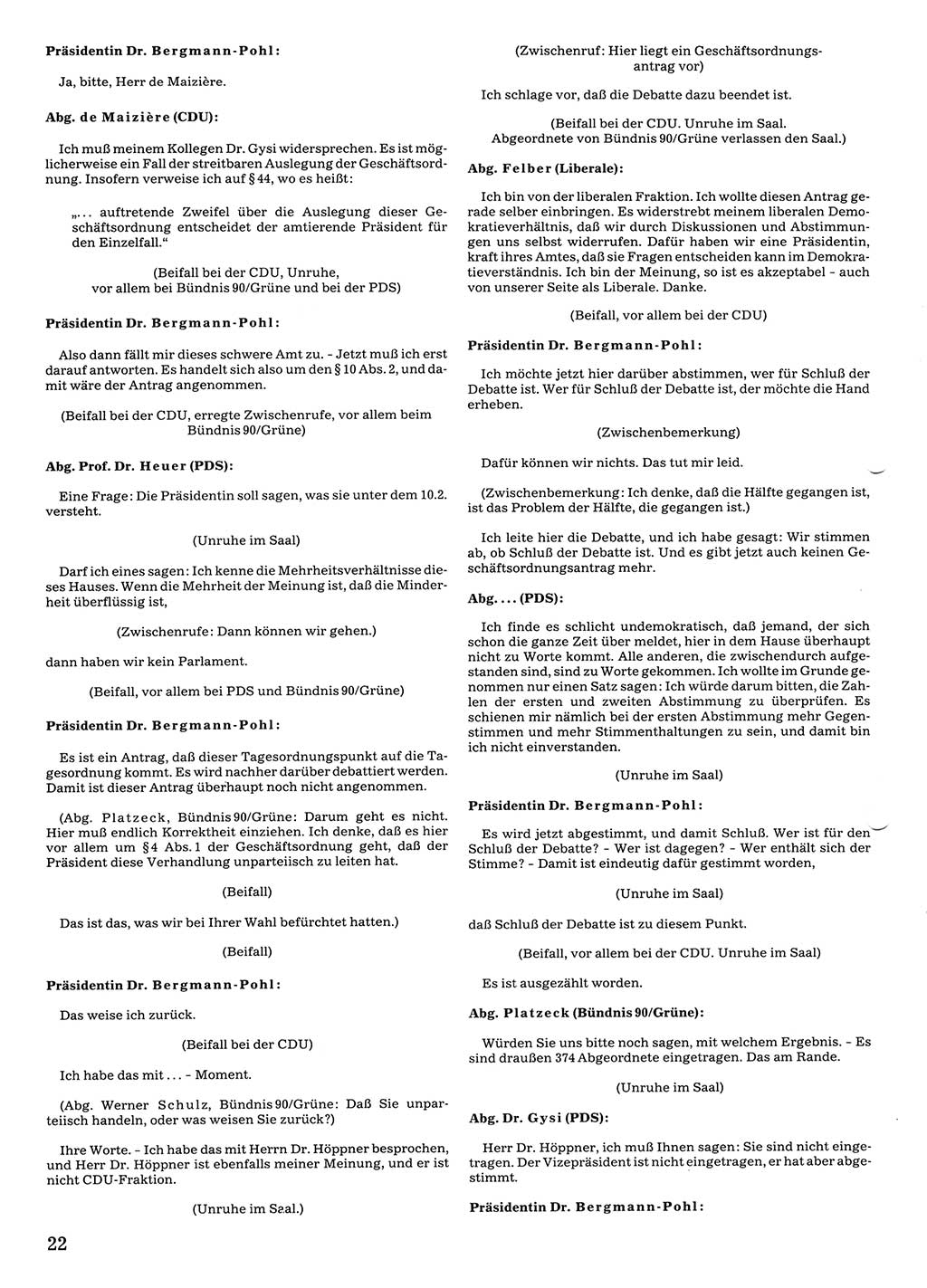 Tagungen der Volkskammer (VK) der Deutschen Demokratischen Republik (DDR), 10. Wahlperiode 1990, Seite 22 (VK. DDR 10. WP. 1990, Prot. Tg. 1-38, 5.4.-2.10.1990, S. 22)