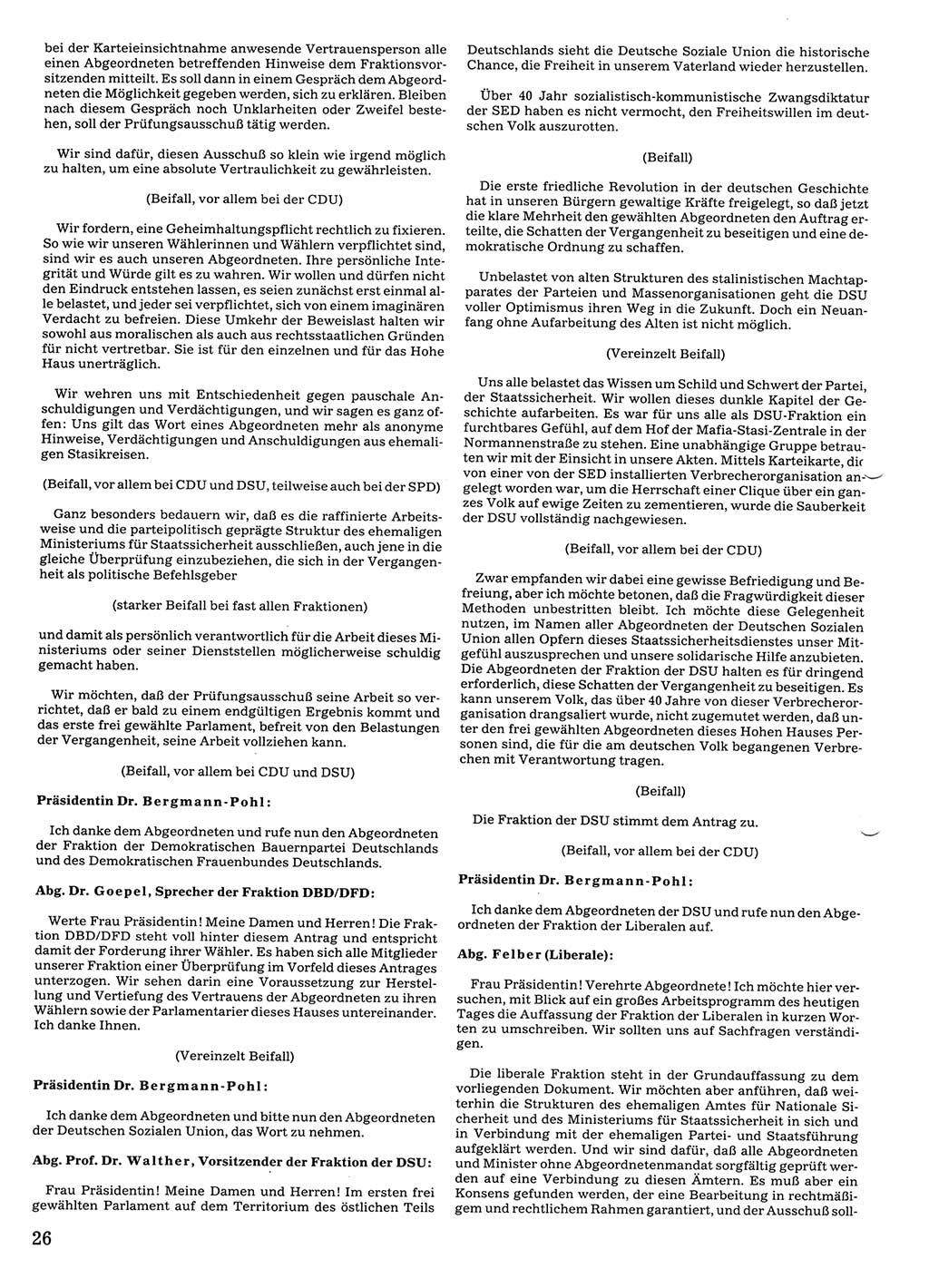 Tagungen der Volkskammer (VK) der Deutschen Demokratischen Republik (DDR), 10. Wahlperiode 1990, Seite 26 (VK. DDR 10. WP. 1990, Prot. Tg. 1-38, 5.4.-2.10.1990, S. 26)