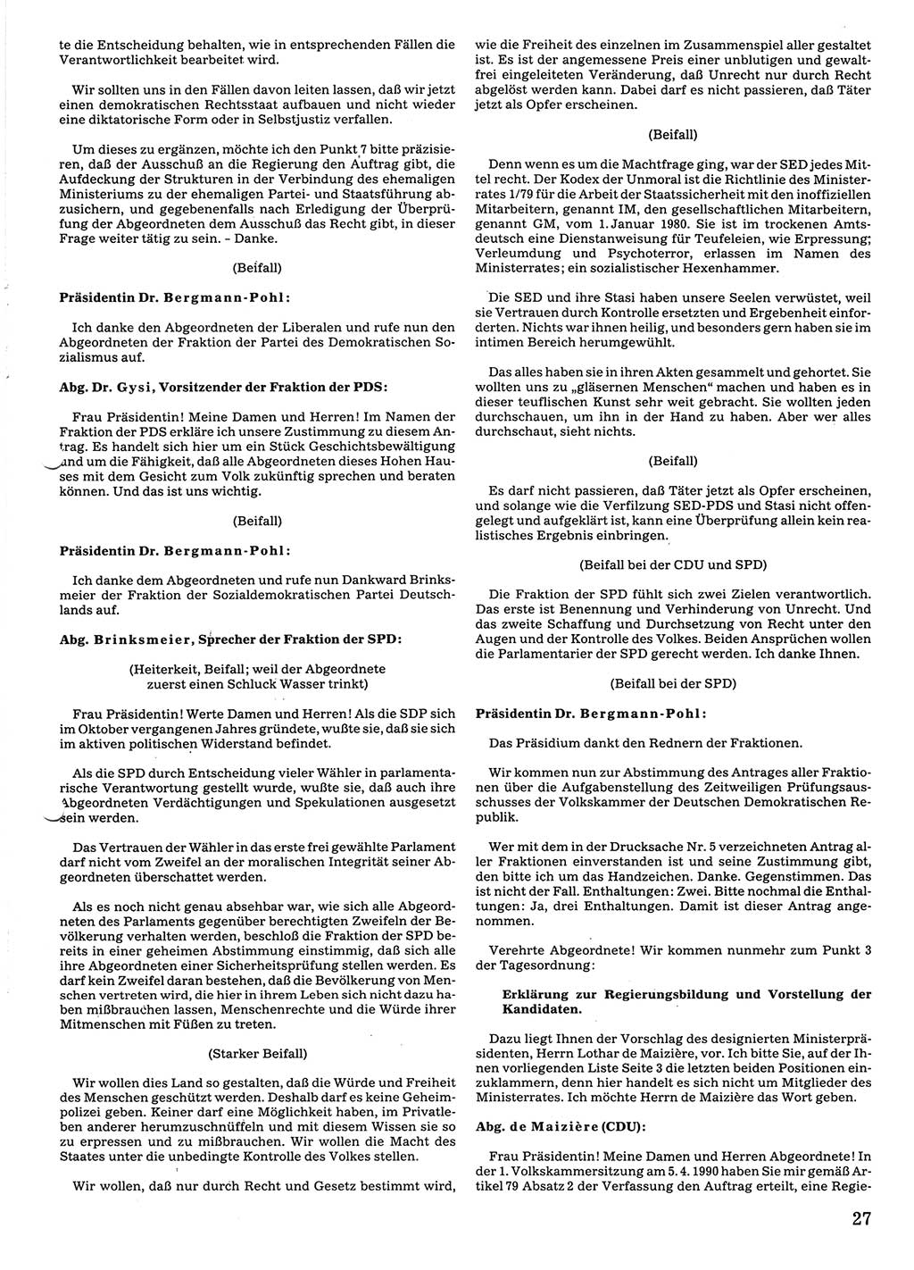 Tagungen der Volkskammer (VK) der Deutschen Demokratischen Republik (DDR), 10. Wahlperiode 1990, Seite 27 (VK. DDR 10. WP. 1990, Prot. Tg. 1-38, 5.4.-2.10.1990, S. 27)