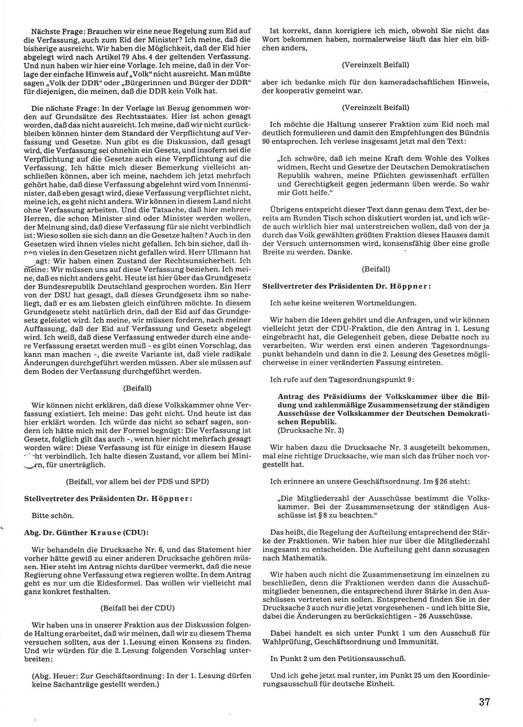 Tagungen der Volkskammer (VK) der Deutschen Demokratischen Republik (DDR), 10. Wahlperiode 1990, Seite 37 (VK. DDR 10. WP. 1990, Prot. Tg. 1-38, 5.4.-2.10.1990, S. 37)