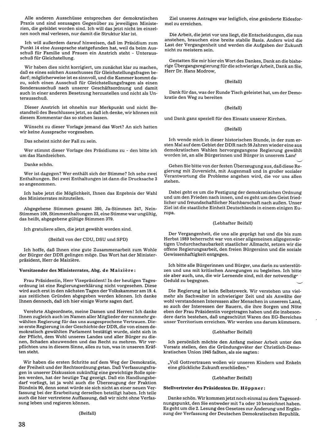 Tagungen der Volkskammer (VK) der Deutschen Demokratischen Republik (DDR), 10. Wahlperiode 1990, Seite 38 (VK. DDR 10. WP. 1990, Prot. Tg. 1-38, 5.4.-2.10.1990, S. 38)