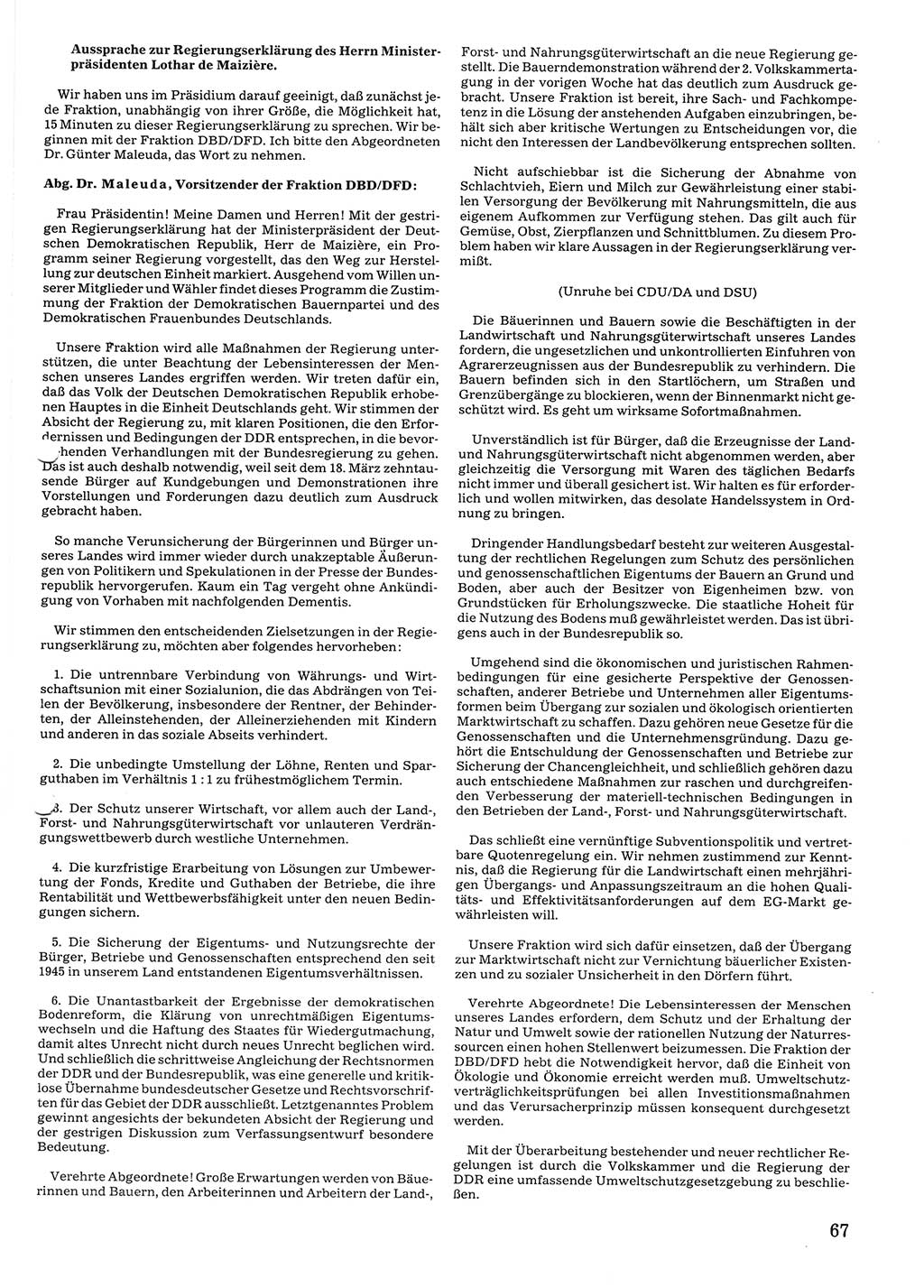 Tagungen der Volkskammer (VK) der Deutschen Demokratischen Republik (DDR), 10. Wahlperiode 1990, Seite 67 (VK. DDR 10. WP. 1990, Prot. Tg. 1-38, 5.4.-2.10.1990, S. 67)