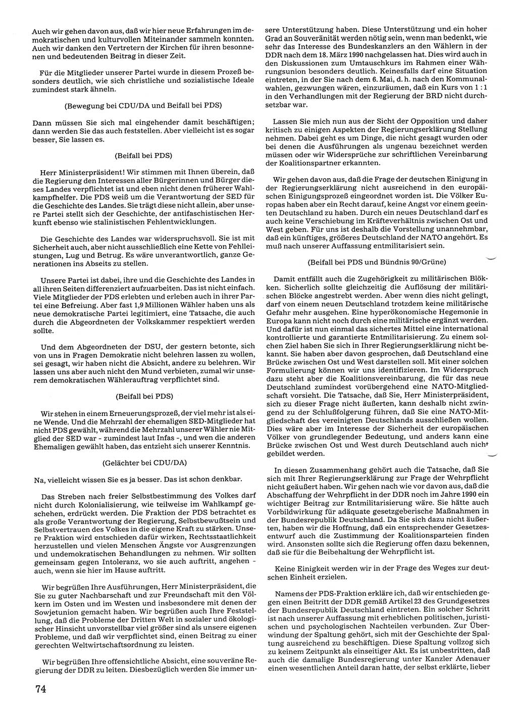 Tagungen der Volkskammer (VK) der Deutschen Demokratischen Republik (DDR), 10. Wahlperiode 1990, Seite 74 (VK. DDR 10. WP. 1990, Prot. Tg. 1-38, 5.4.-2.10.1990, S. 74)