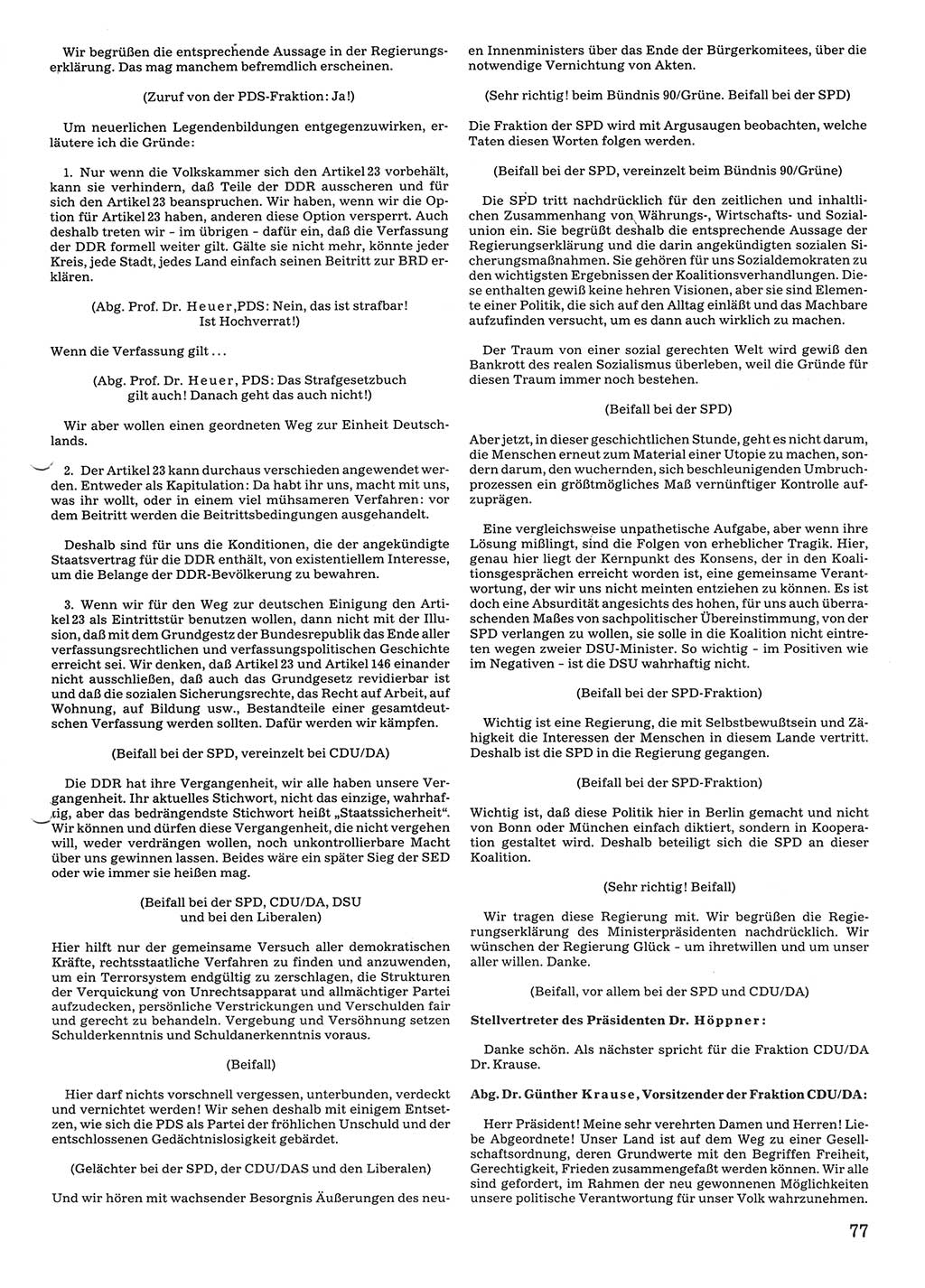 Tagungen der Volkskammer (VK) der Deutschen Demokratischen Republik (DDR), 10. Wahlperiode 1990, Seite 77 (VK. DDR 10. WP. 1990, Prot. Tg. 1-38, 5.4.-2.10.1990, S. 77)