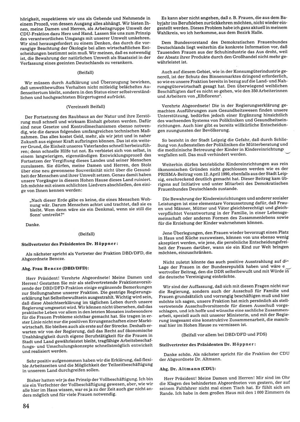 Tagungen der Volkskammer (VK) der Deutschen Demokratischen Republik (DDR), 10. Wahlperiode 1990, Seite 84 (VK. DDR 10. WP. 1990, Prot. Tg. 1-38, 5.4.-2.10.1990, S. 84)