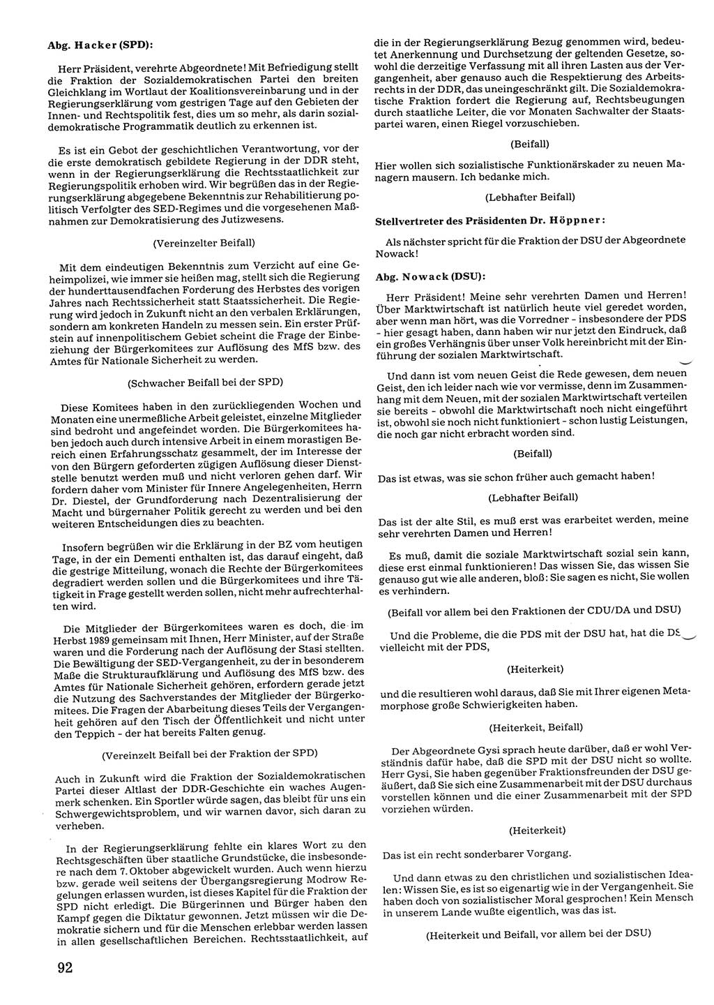 Tagungen der Volkskammer (VK) der Deutschen Demokratischen Republik (DDR), 10. Wahlperiode 1990, Seite 92 (VK. DDR 10. WP. 1990, Prot. Tg. 1-38, 5.4.-2.10.1990, S. 92)