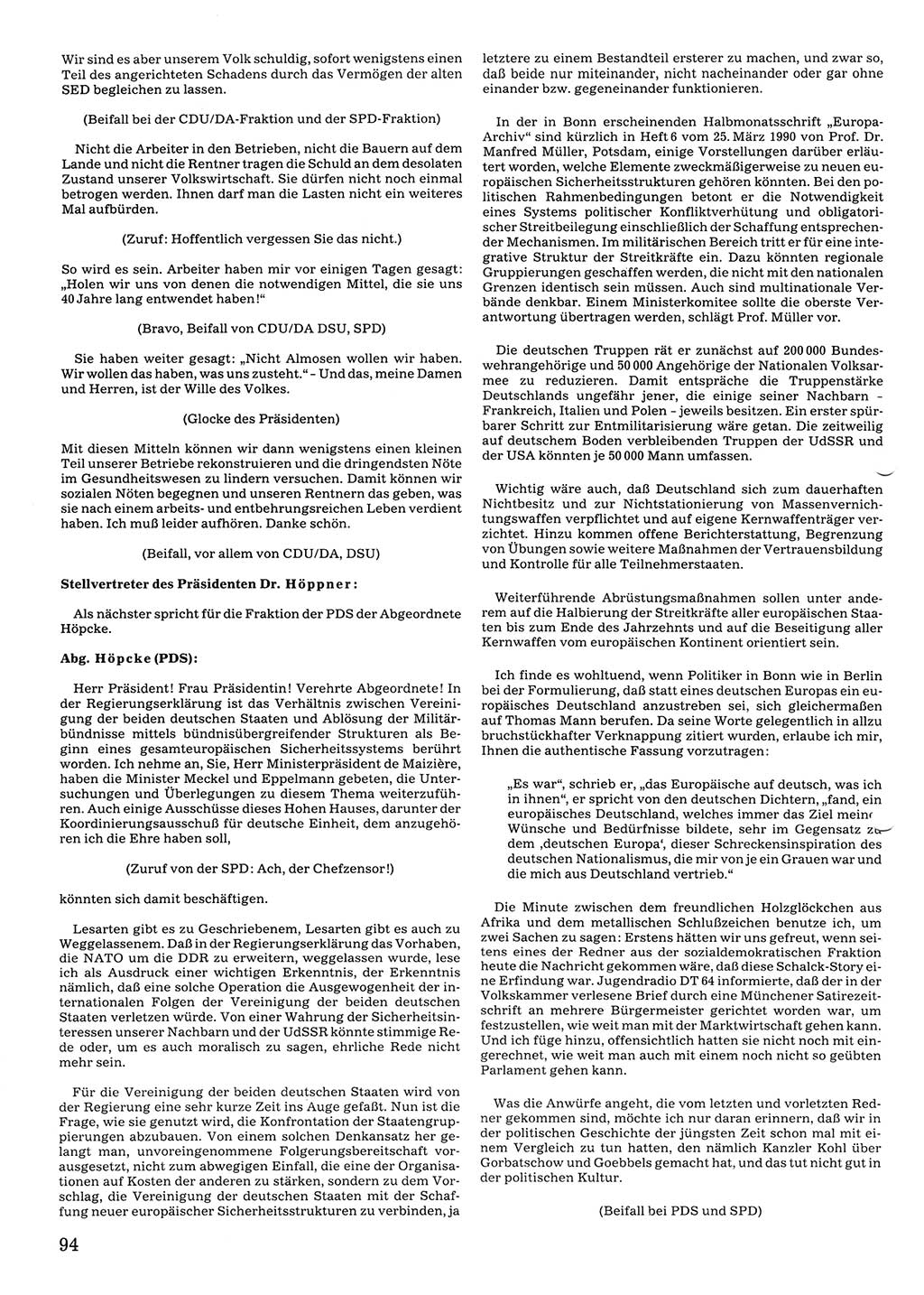 Tagungen der Volkskammer (VK) der Deutschen Demokratischen Republik (DDR), 10. Wahlperiode 1990, Seite 94 (VK. DDR 10. WP. 1990, Prot. Tg. 1-38, 5.4.-2.10.1990, S. 94)