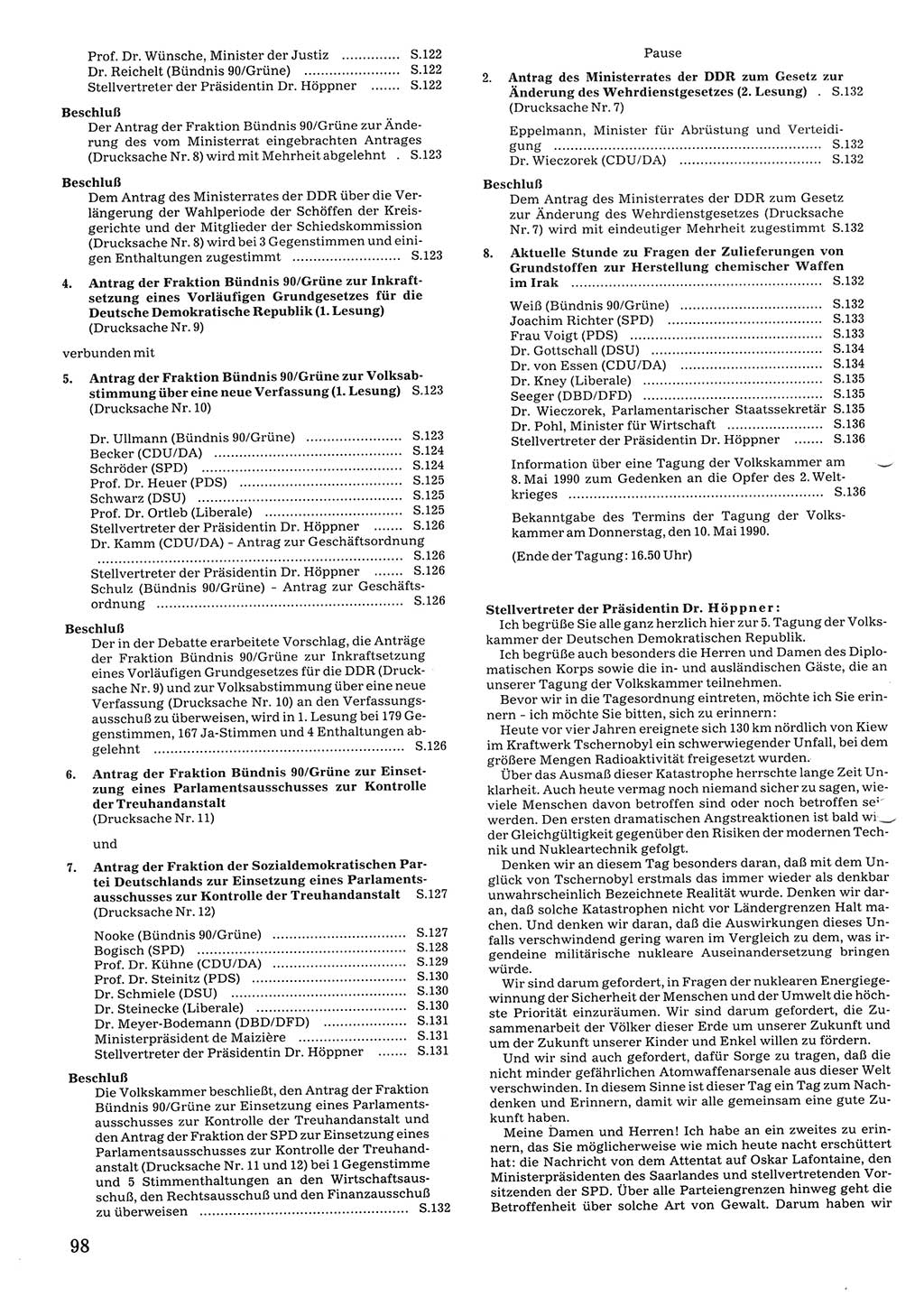 Tagungen der Volkskammer (VK) der Deutschen Demokratischen Republik (DDR), 10. Wahlperiode 1990, Seite 98 (VK. DDR 10. WP. 1990, Prot. Tg. 1-38, 5.4.-2.10.1990, S. 98)