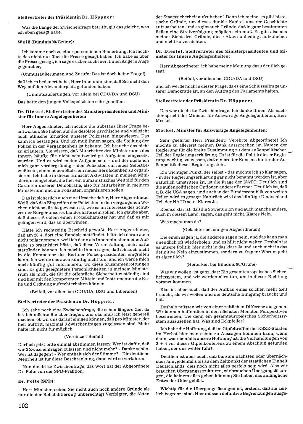 Tagungen der Volkskammer (VK) der Deutschen Demokratischen Republik (DDR), 10. Wahlperiode 1990, Seite 102 (VK. DDR 10. WP. 1990, Prot. Tg. 1-38, 5.4.-2.10.1990, S. 102)