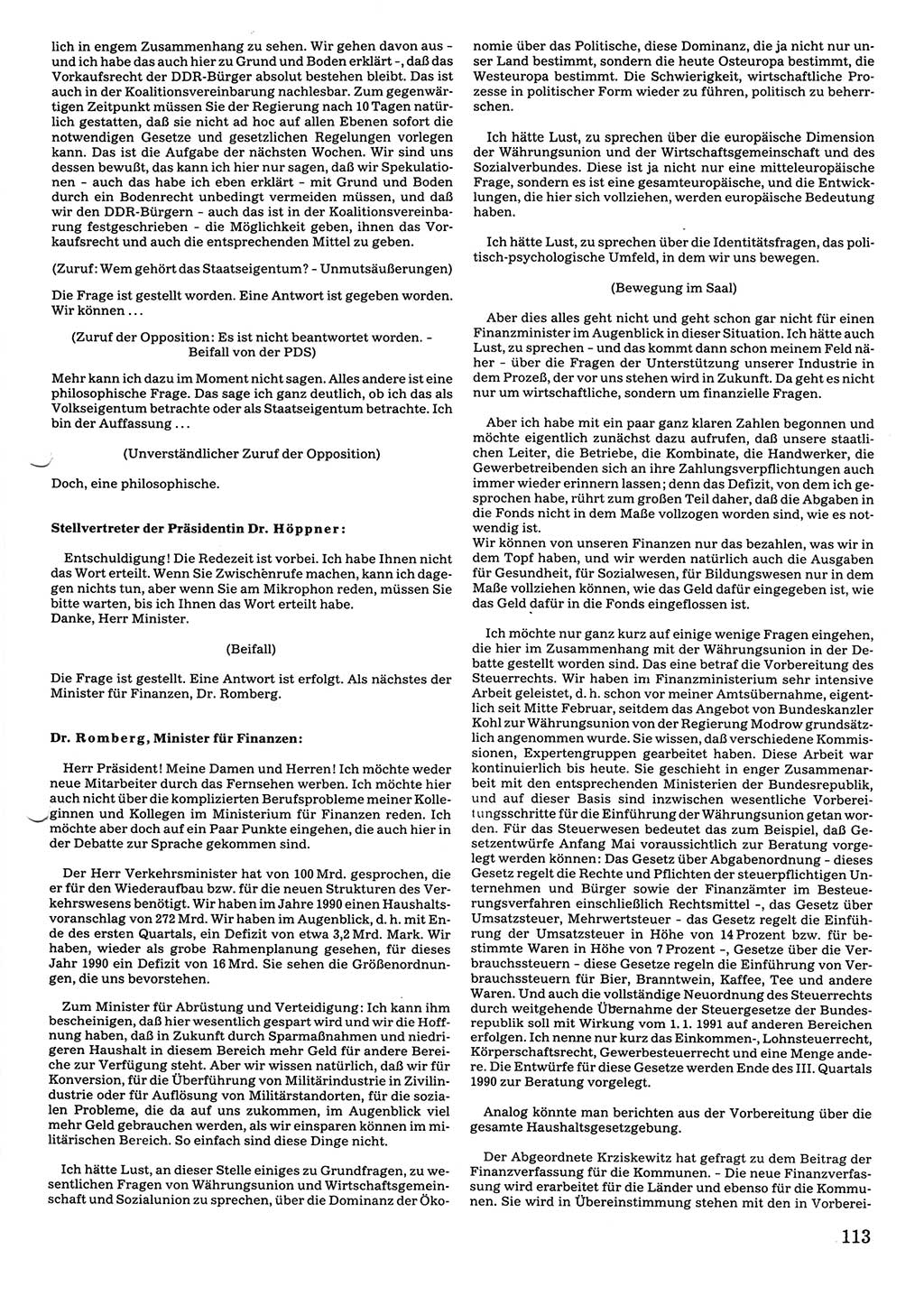 Tagungen der Volkskammer (VK) der Deutschen Demokratischen Republik (DDR), 10. Wahlperiode 1990, Seite 113 (VK. DDR 10. WP. 1990, Prot. Tg. 1-38, 5.4.-2.10.1990, S. 113)