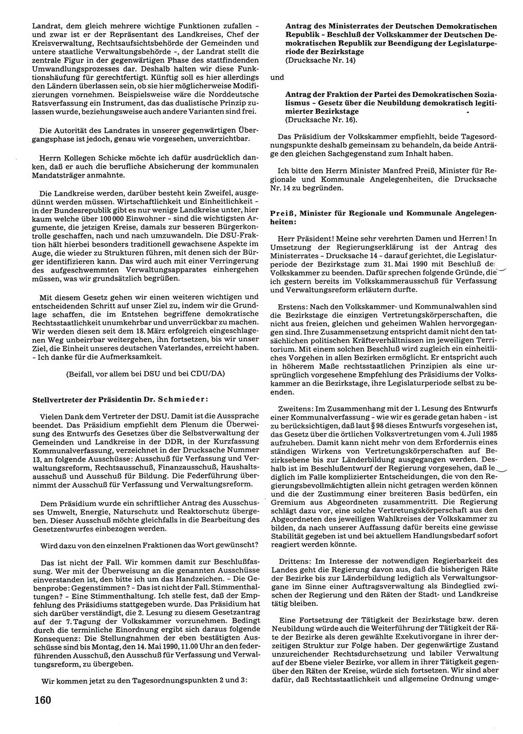 Tagungen der Volkskammer (VK) der Deutschen Demokratischen Republik (DDR), 10. Wahlperiode 1990, Seite 160 (VK. DDR 10. WP. 1990, Prot. Tg. 1-38, 5.4.-2.10.1990, S. 160)