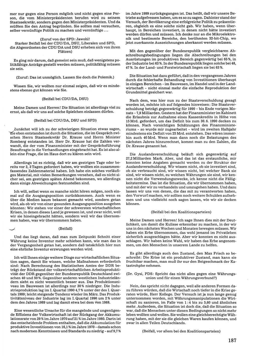 Tagungen der Volkskammer (VK) der Deutschen Demokratischen Republik (DDR), 10. Wahlperiode 1990, Seite 187 (VK. DDR 10. WP. 1990, Prot. Tg. 1-38, 5.4.-2.10.1990, S. 187)