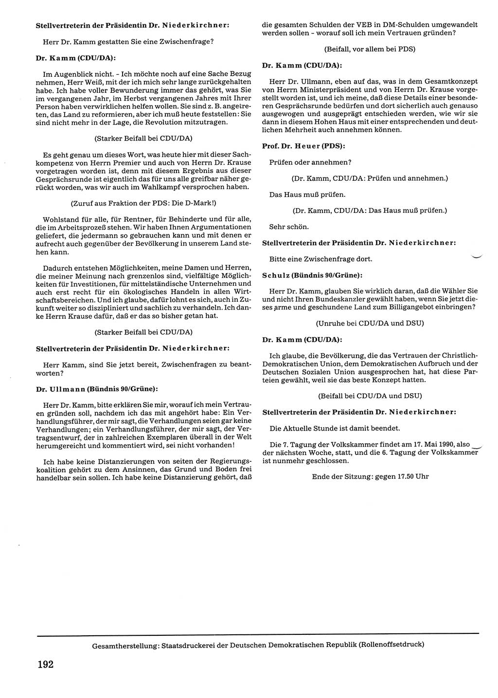 Tagungen der Volkskammer (VK) der Deutschen Demokratischen Republik (DDR), 10. Wahlperiode 1990, Seite 192 (VK. DDR 10. WP. 1990, Prot. Tg. 1-38, 5.4.-2.10.1990, S. 192)