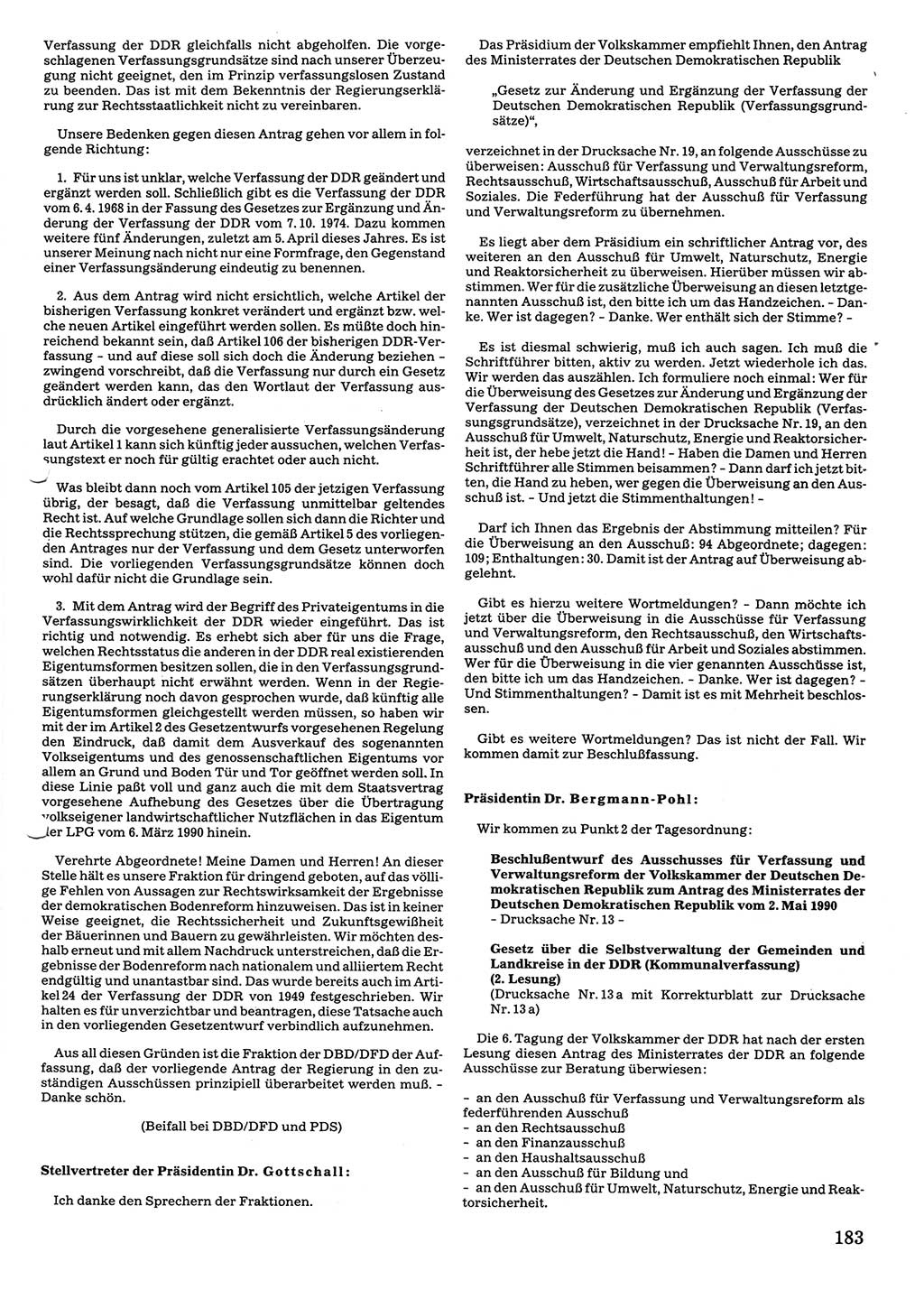 Tagungen der Volkskammer (VK) der Deutschen Demokratischen Republik (DDR), 10. Wahlperiode 1990, Seite 183 (VK. DDR 10. WP. 1990, Prot. Tg. 1-38, 5.4.-2.10.1990, S. 183)