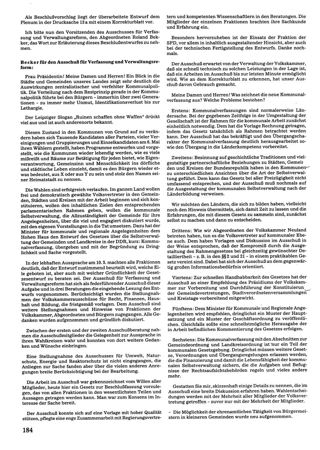 Tagungen der Volkskammer (VK) der Deutschen Demokratischen Republik (DDR), 10. Wahlperiode 1990, Seite 184 (VK. DDR 10. WP. 1990, Prot. Tg. 1-38, 5.4.-2.10.1990, S. 184)