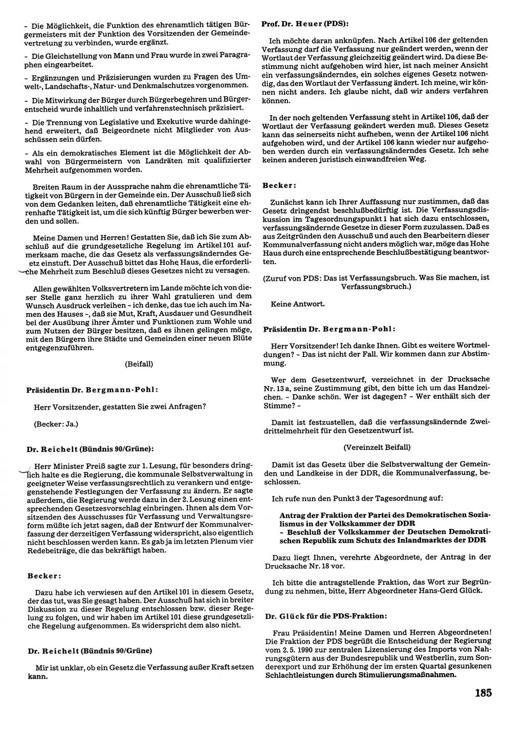 Tagungen der Volkskammer (VK) der Deutschen Demokratischen Republik (DDR), 10. Wahlperiode 1990, Seite 185 (VK. DDR 10. WP. 1990, Prot. Tg. 1-38, 5.4.-2.10.1990, S. 185)