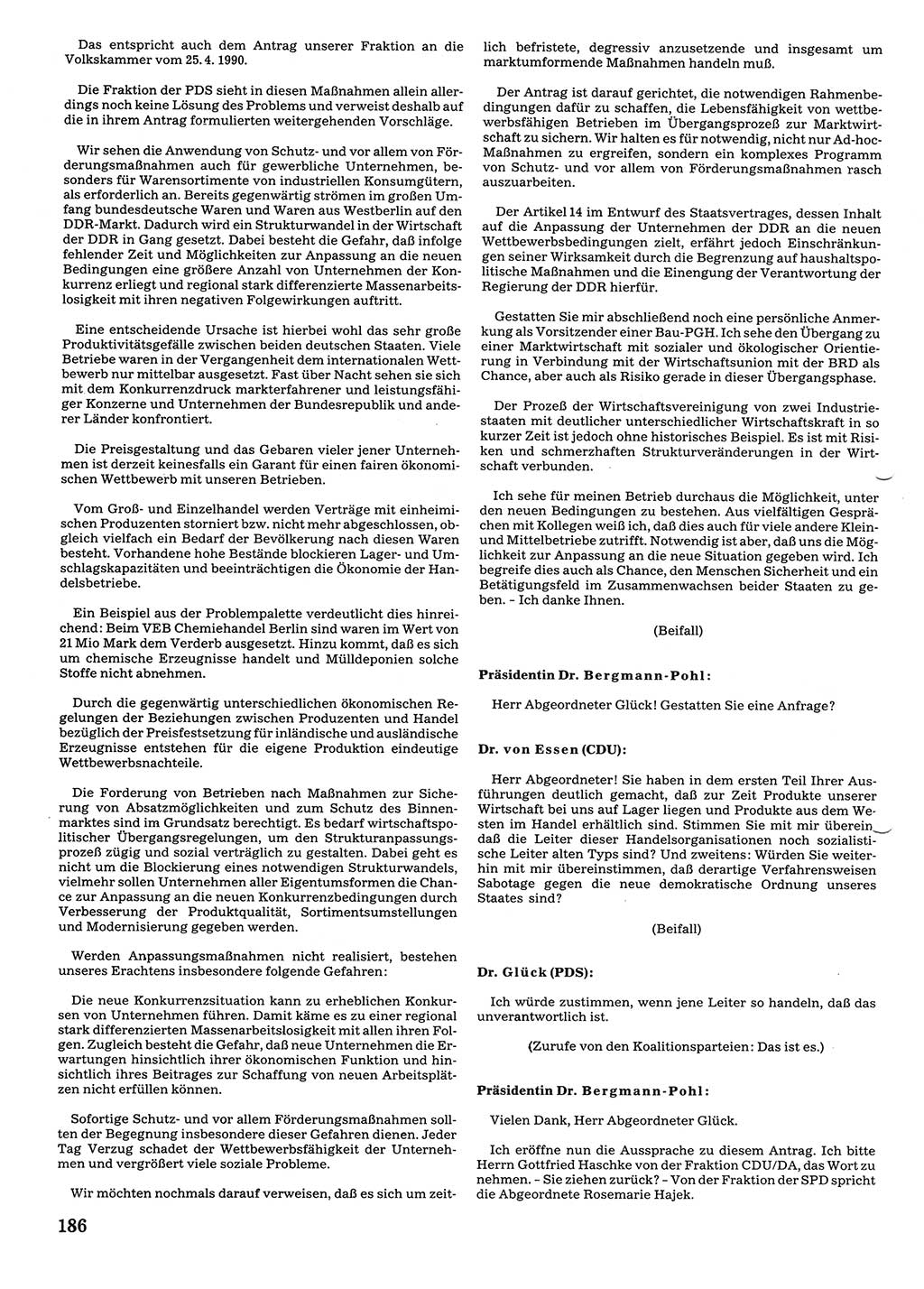 Tagungen der Volkskammer (VK) der Deutschen Demokratischen Republik (DDR), 10. Wahlperiode 1990, Seite 186 (VK. DDR 10. WP. 1990, Prot. Tg. 1-38, 5.4.-2.10.1990, S. 186)