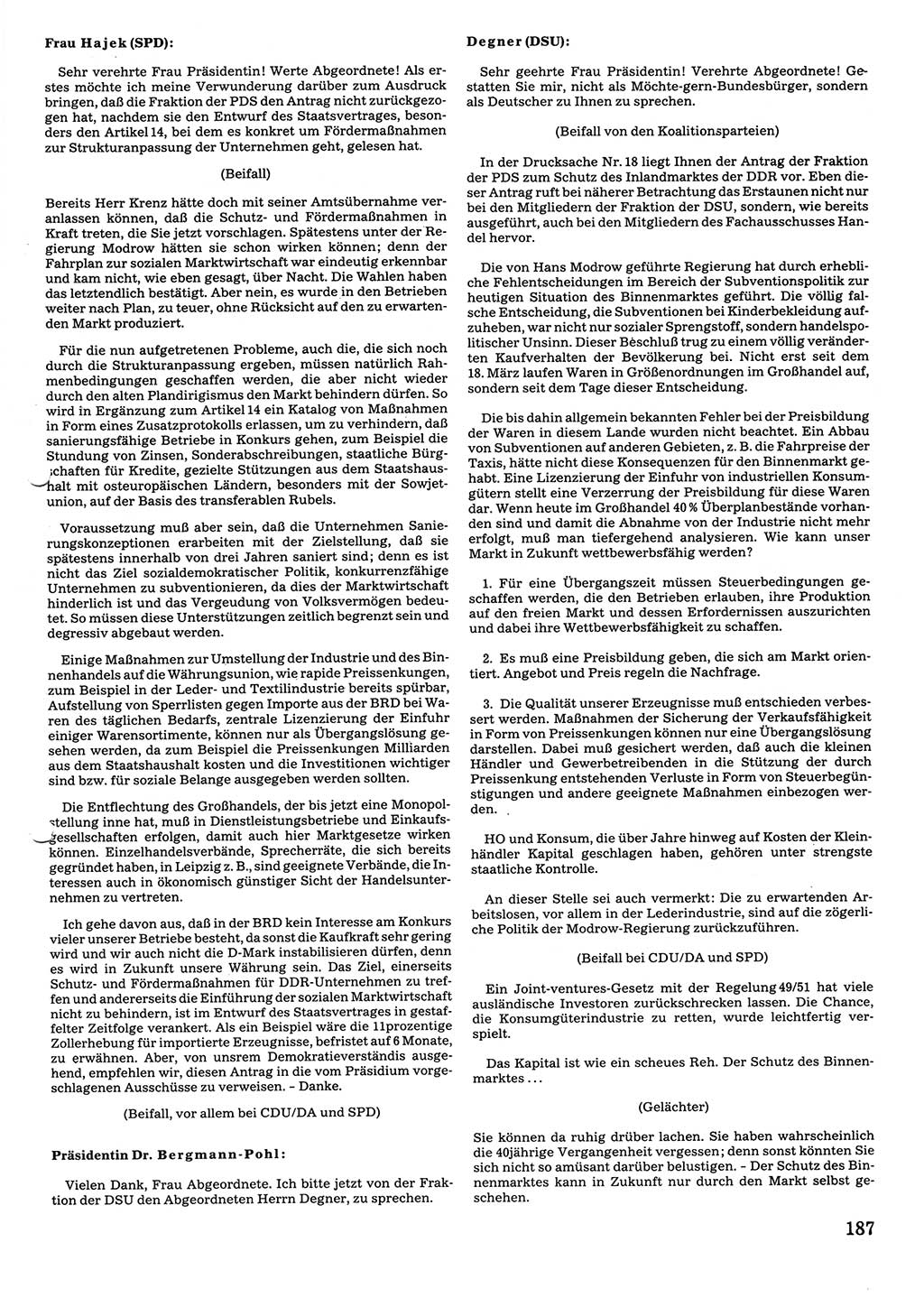 Tagungen der Volkskammer (VK) der Deutschen Demokratischen Republik (DDR), 10. Wahlperiode 1990, Seite 187 (VK. DDR 10. WP. 1990, Prot. Tg. 1-38, 5.4.-2.10.1990, S. 187)