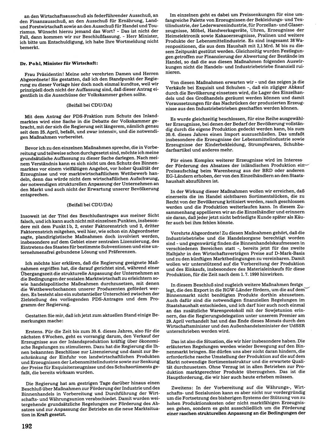 Tagungen der Volkskammer (VK) der Deutschen Demokratischen Republik (DDR), 10. Wahlperiode 1990, Seite 192 (VK. DDR 10. WP. 1990, Prot. Tg. 1-38, 5.4.-2.10.1990, S. 192)