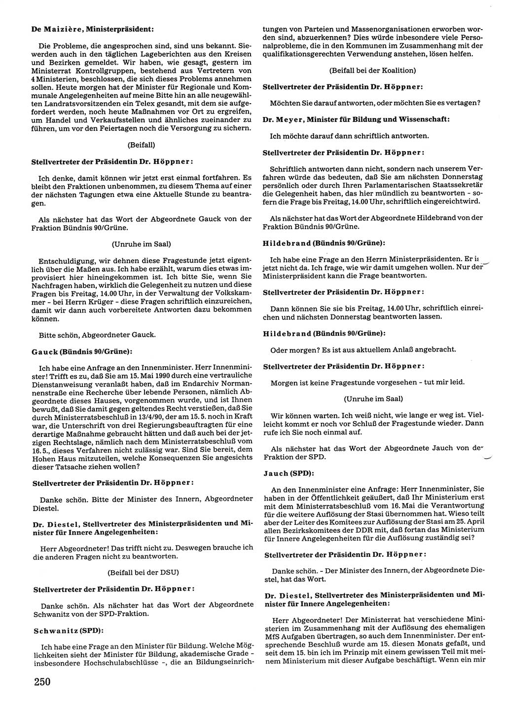 Tagungen der Volkskammer (VK) der Deutschen Demokratischen Republik (DDR), 10. Wahlperiode 1990, Seite 250 (VK. DDR 10. WP. 1990, Prot. Tg. 1-38, 5.4.-2.10.1990, S. 250)