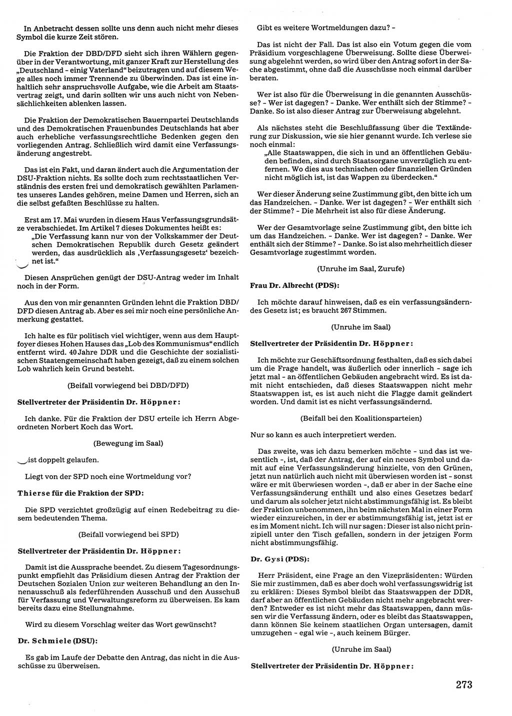 Tagungen der Volkskammer (VK) der Deutschen Demokratischen Republik (DDR), 10. Wahlperiode 1990, Seite 273 (VK. DDR 10. WP. 1990, Prot. Tg. 1-38, 5.4.-2.10.1990, S. 273)