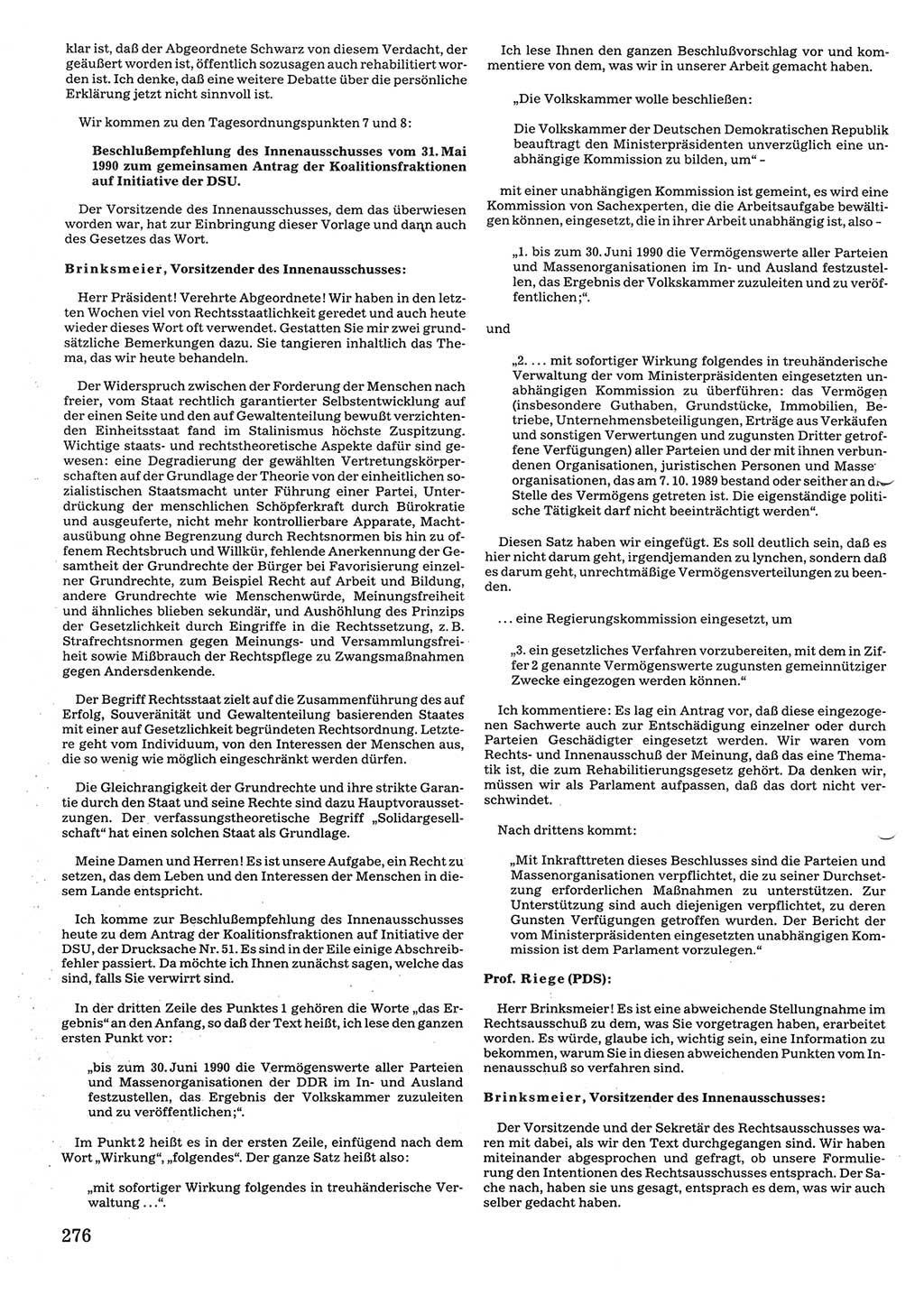 Tagungen der Volkskammer (VK) der Deutschen Demokratischen Republik (DDR), 10. Wahlperiode 1990, Seite 276 (VK. DDR 10. WP. 1990, Prot. Tg. 1-38, 5.4.-2.10.1990, S. 276)