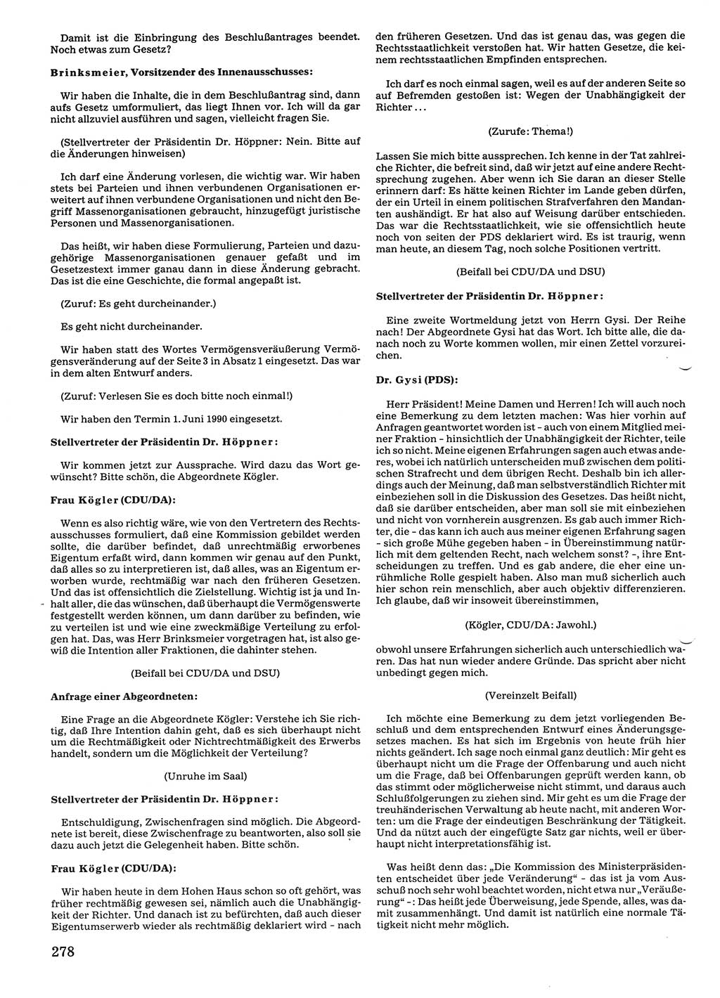 Tagungen der Volkskammer (VK) der Deutschen Demokratischen Republik (DDR), 10. Wahlperiode 1990, Seite 278 (VK. DDR 10. WP. 1990, Prot. Tg. 1-38, 5.4.-2.10.1990, S. 278)