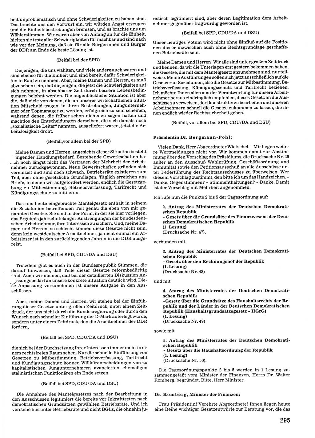 Tagungen der Volkskammer (VK) der Deutschen Demokratischen Republik (DDR), 10. Wahlperiode 1990, Seite 295 (VK. DDR 10. WP. 1990, Prot. Tg. 1-38, 5.4.-2.10.1990, S. 295)