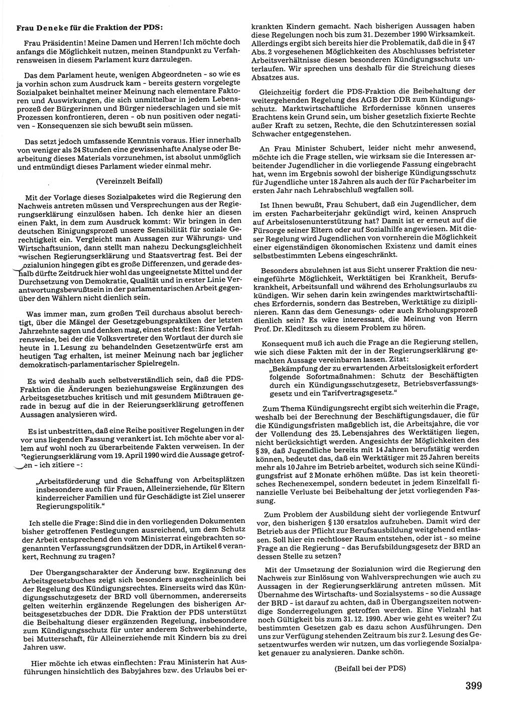 Tagungen der Volkskammer (VK) der Deutschen Demokratischen Republik (DDR), 10. Wahlperiode 1990, Seite 399 (VK. DDR 10. WP. 1990, Prot. Tg. 1-38, 5.4.-2.10.1990, S. 399)