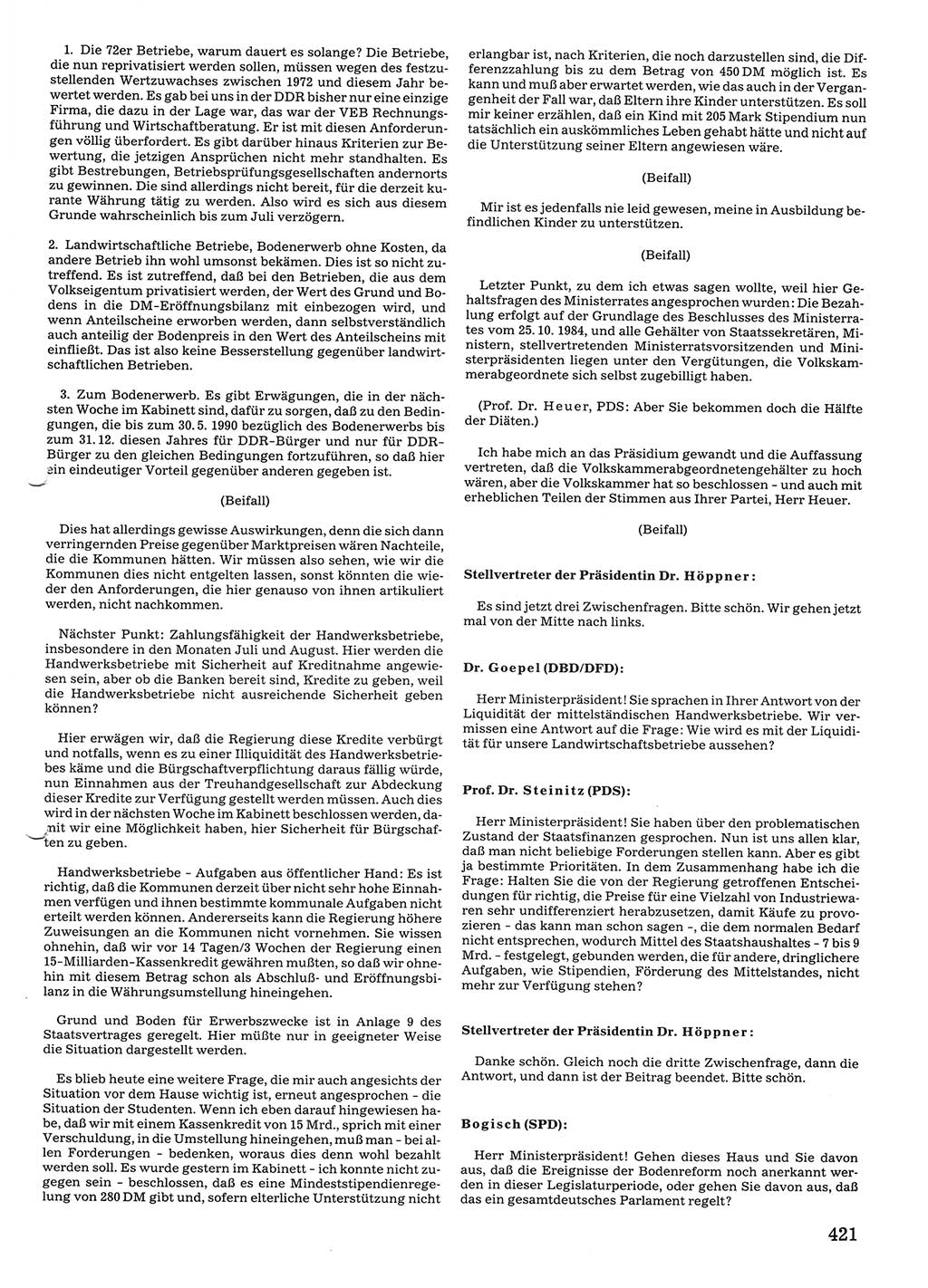 Tagungen der Volkskammer (VK) der Deutschen Demokratischen Republik (DDR), 10. Wahlperiode 1990, Seite 421 (VK. DDR 10. WP. 1990, Prot. Tg. 1-38, 5.4.-2.10.1990, S. 421)