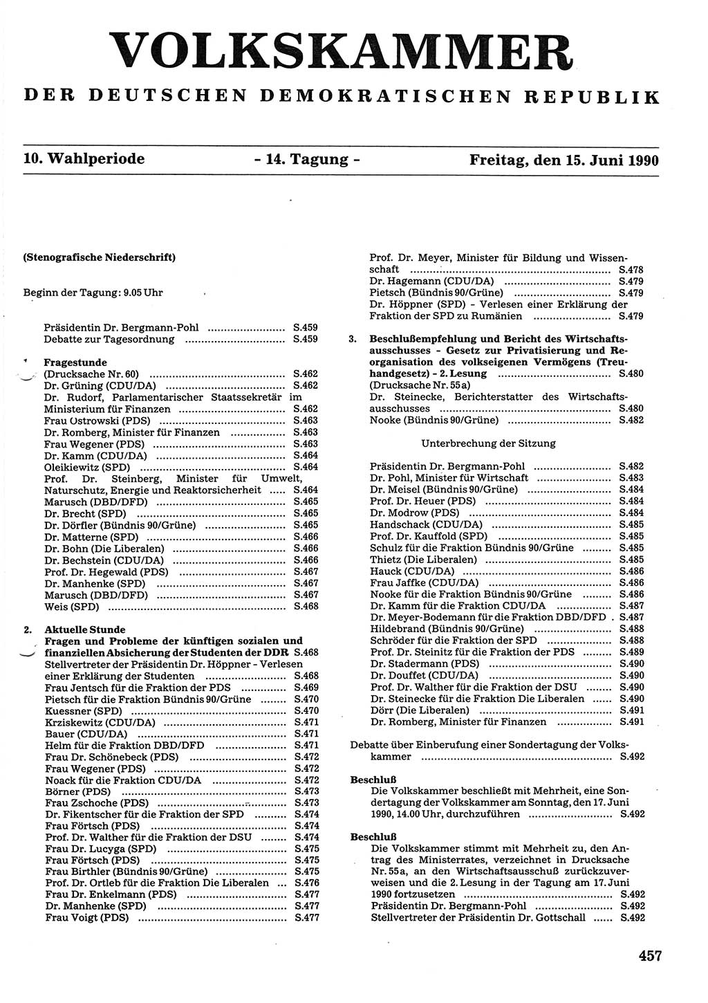 Tagungen der Volkskammer (VK) der Deutschen Demokratischen Republik (DDR), 10. Wahlperiode 1990, Seite 457 (VK. DDR 10. WP. 1990, Prot. Tg. 1-38, 5.4.-2.10.1990, S. 457)
