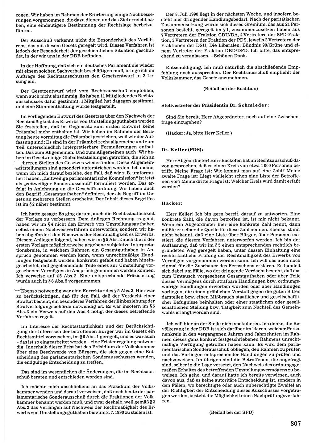 Tagungen der Volkskammer (VK) der Deutschen Demokratischen Republik (DDR), 10. Wahlperiode 1990, Seite 807 (VK. DDR 10. WP. 1990, Prot. Tg. 1-38, 5.4.-2.10.1990, S. 807)