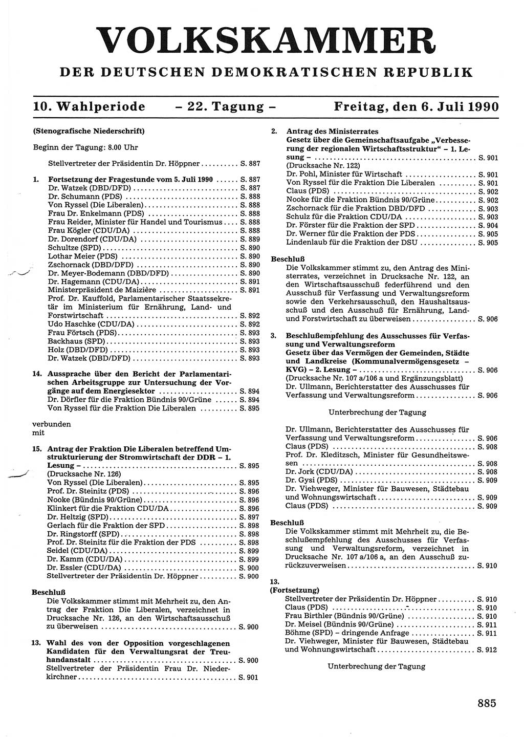 Tagungen der Volkskammer (VK) der Deutschen Demokratischen Republik (DDR), 10. Wahlperiode 1990, Seite 885 (VK. DDR 10. WP. 1990, Prot. Tg. 1-38, 5.4.-2.10.1990, S. 885)