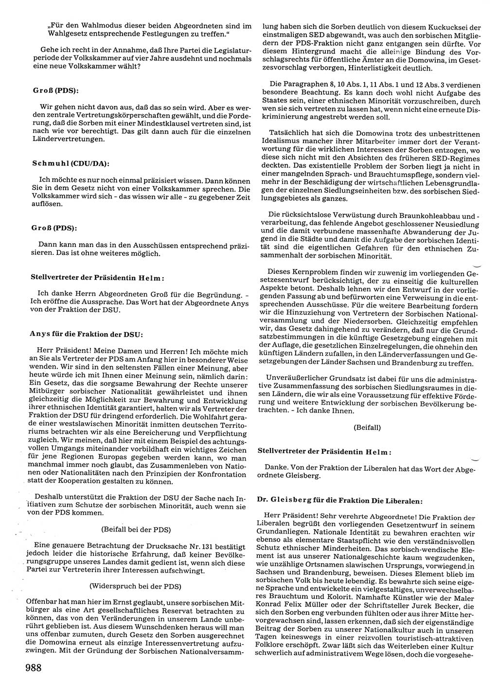 Tagungen der Volkskammer (VK) der Deutschen Demokratischen Republik (DDR), 10. Wahlperiode 1990, Seite 988 (VK. DDR 10. WP. 1990, Prot. Tg. 1-38, 5.4.-2.10.1990, S. 988)