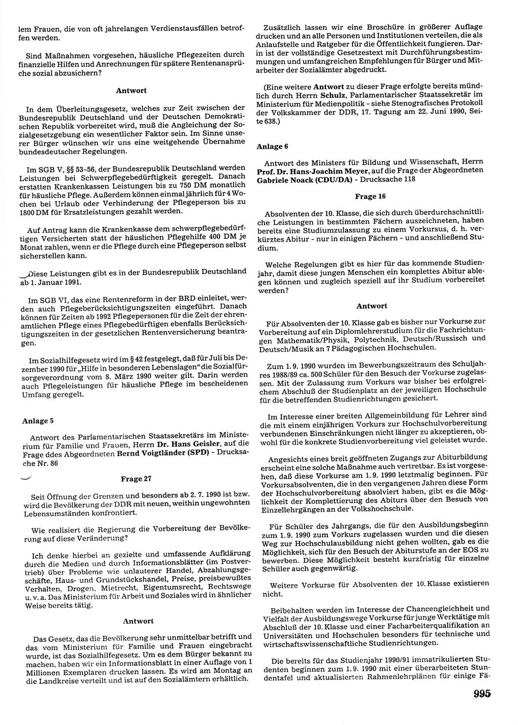 Tagungen der Volkskammer (VK) der Deutschen Demokratischen Republik (DDR), 10. Wahlperiode 1990, Seite 995 (VK. DDR 10. WP. 1990, Prot. Tg. 1-38, 5.4.-2.10.1990, S. 995)