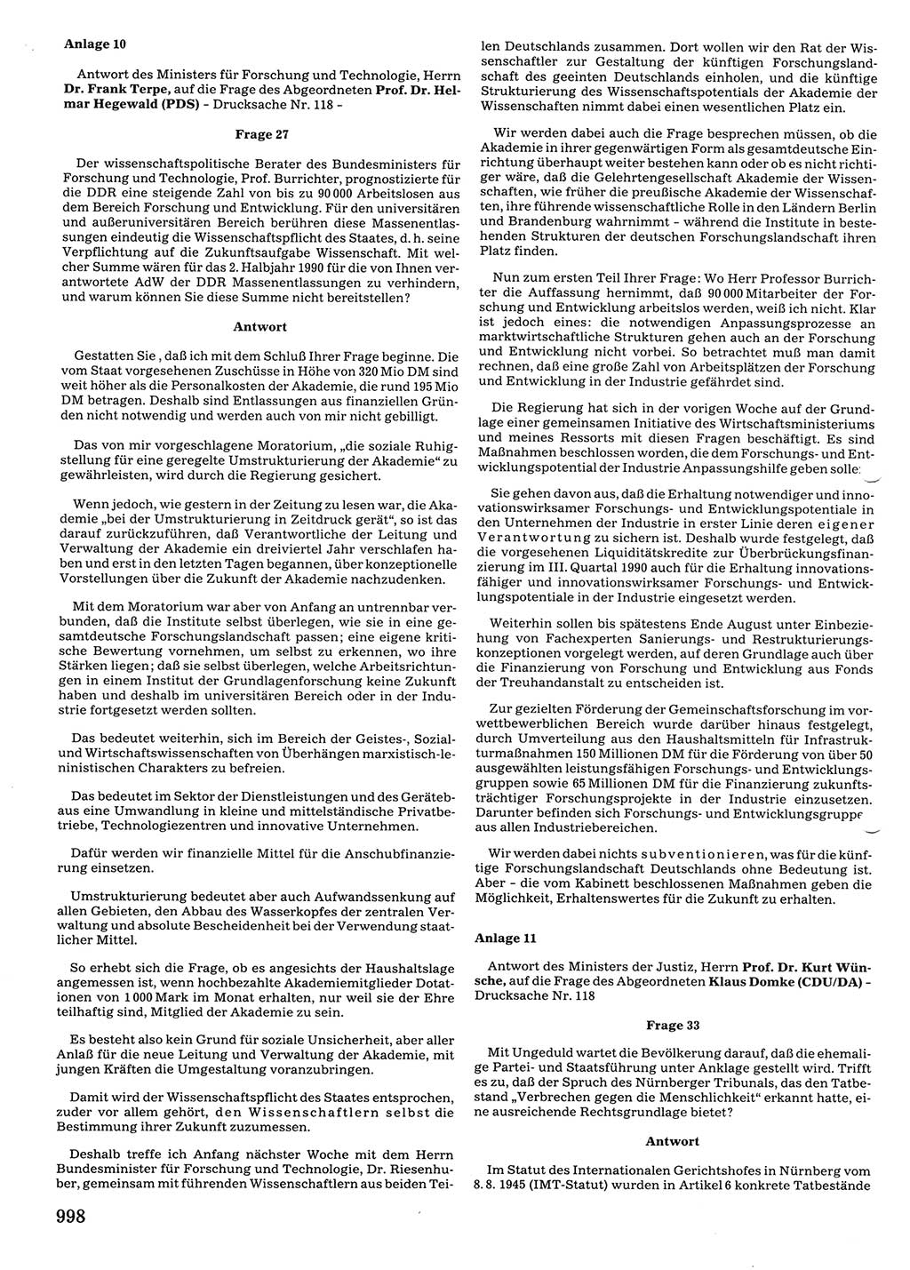 Tagungen der Volkskammer (VK) der Deutschen Demokratischen Republik (DDR), 10. Wahlperiode 1990, Seite 998 (VK. DDR 10. WP. 1990, Prot. Tg. 1-38, 5.4.-2.10.1990, S. 998)