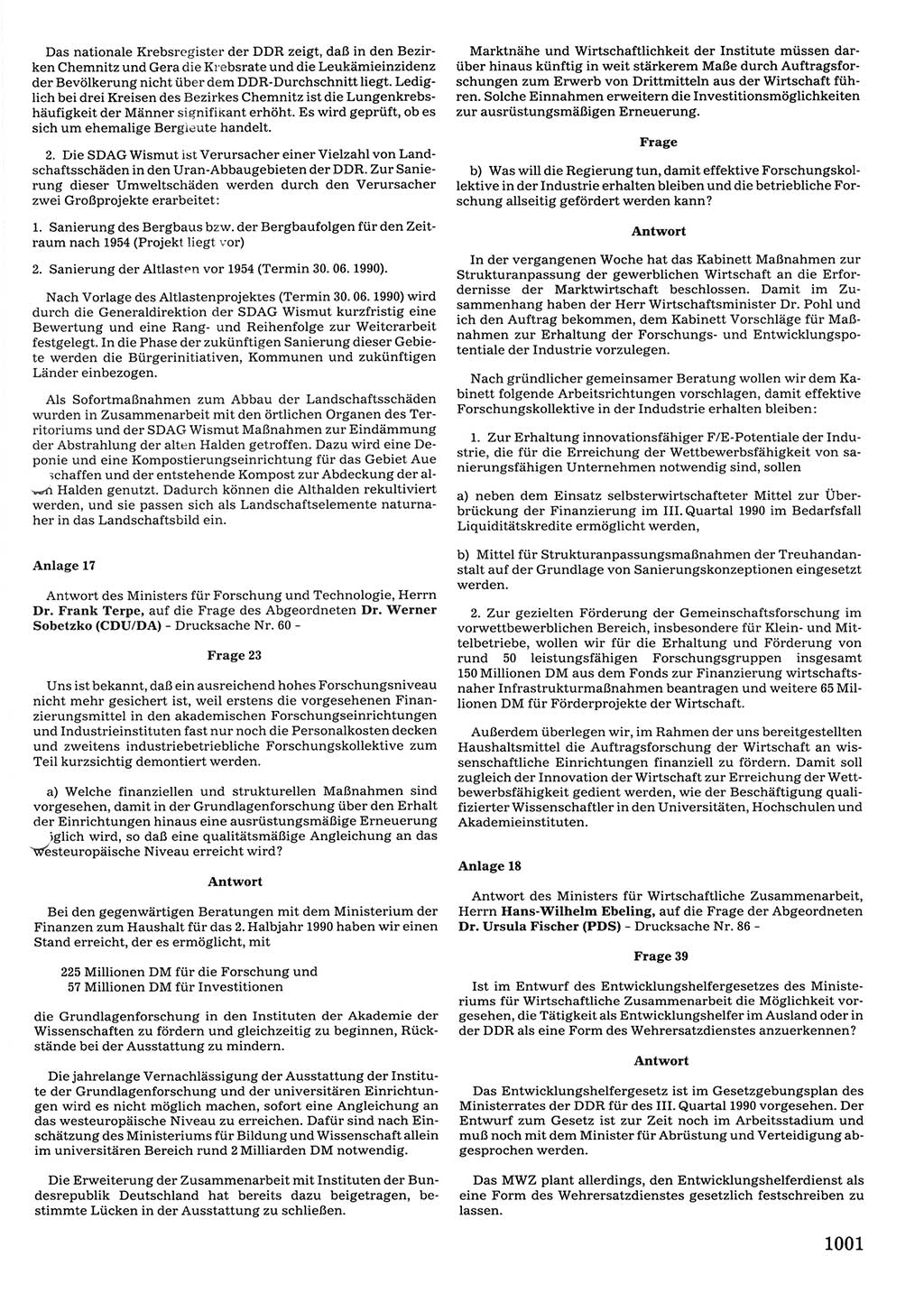 Tagungen der Volkskammer (VK) der Deutschen Demokratischen Republik (DDR), 10. Wahlperiode 1990, Seite 1001 (VK. DDR 10. WP. 1990, Prot. Tg. 1-38, 5.4.-2.10.1990, S. 1001)