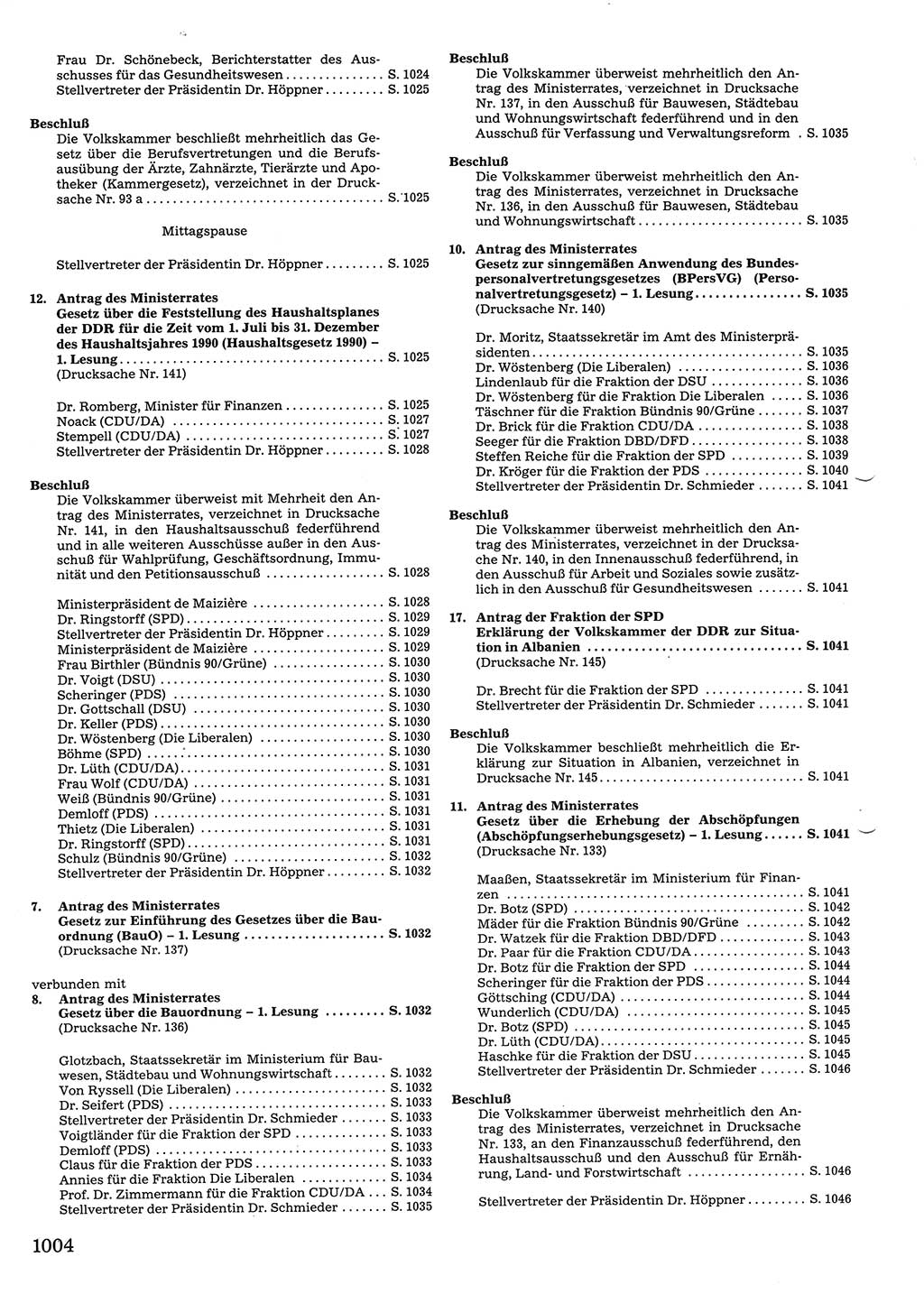 Tagungen der Volkskammer (VK) der Deutschen Demokratischen Republik (DDR), 10. Wahlperiode 1990, Seite 1004 (VK. DDR 10. WP. 1990, Prot. Tg. 1-38, 5.4.-2.10.1990, S. 1004)