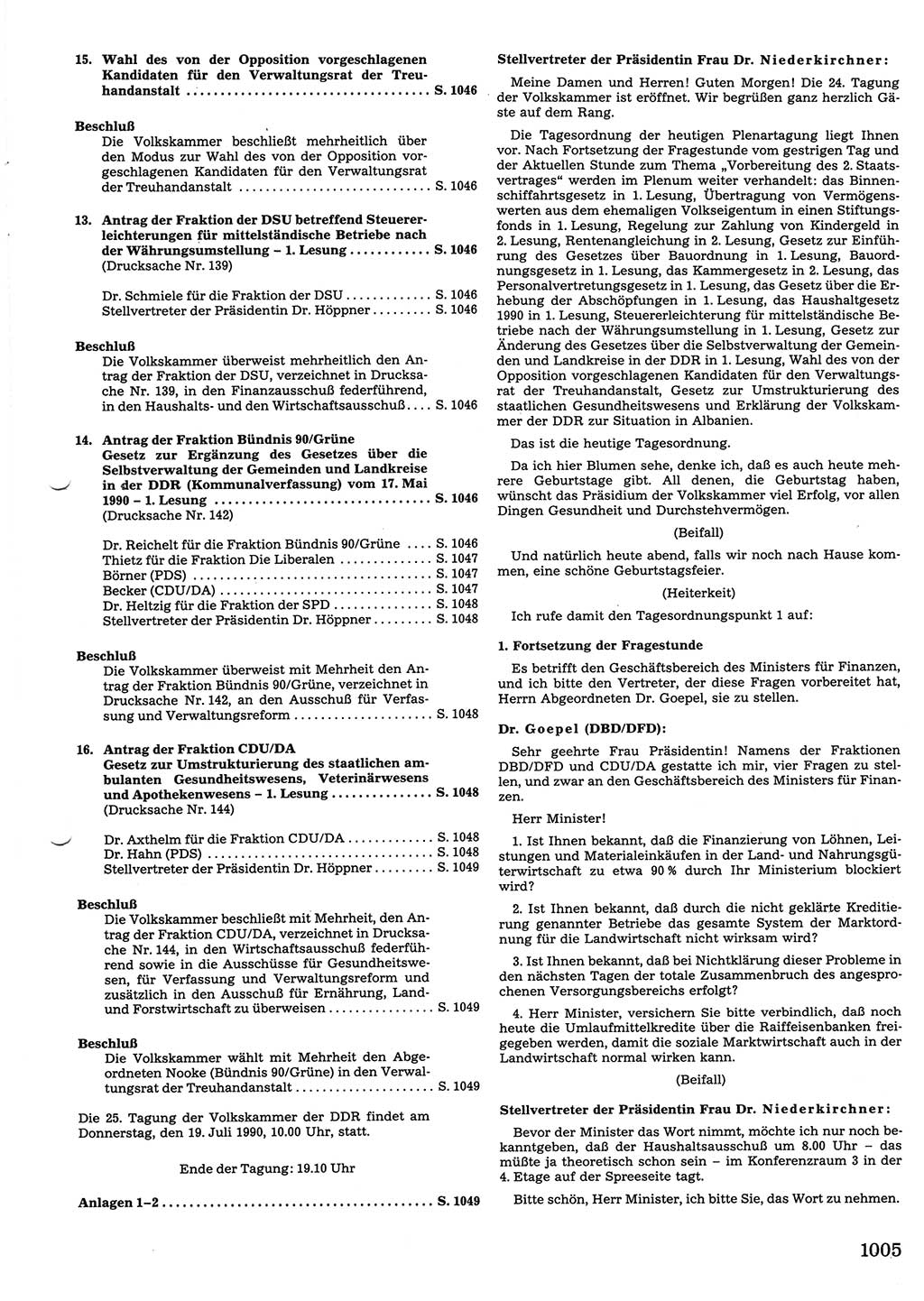 Tagungen der Volkskammer (VK) der Deutschen Demokratischen Republik (DDR), 10. Wahlperiode 1990, Seite 1005 (VK. DDR 10. WP. 1990, Prot. Tg. 1-38, 5.4.-2.10.1990, S. 1005)