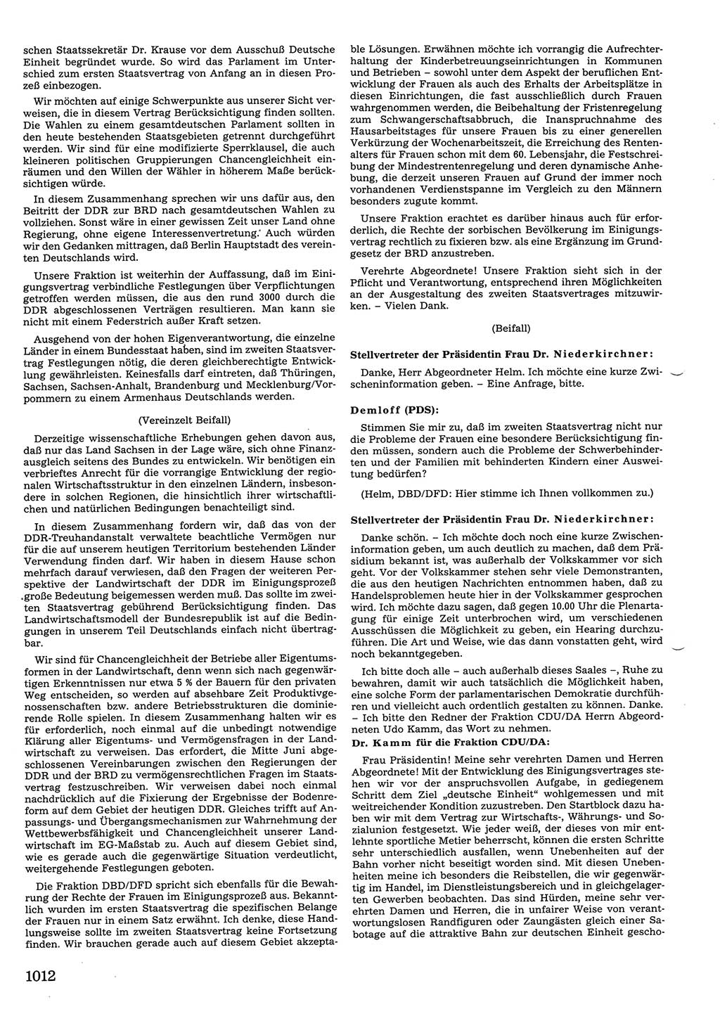 Tagungen der Volkskammer (VK) der Deutschen Demokratischen Republik (DDR), 10. Wahlperiode 1990, Seite 1012 (VK. DDR 10. WP. 1990, Prot. Tg. 1-38, 5.4.-2.10.1990, S. 1012)