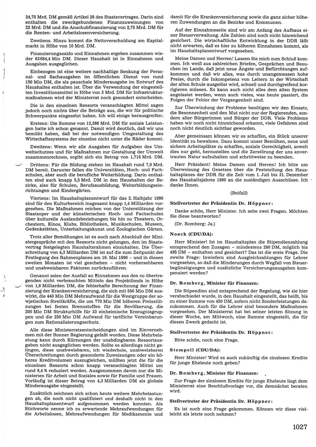 Tagungen der Volkskammer (VK) der Deutschen Demokratischen Republik (DDR), 10. Wahlperiode 1990, Seite 1027 (VK. DDR 10. WP. 1990, Prot. Tg. 1-38, 5.4.-2.10.1990, S. 1027)