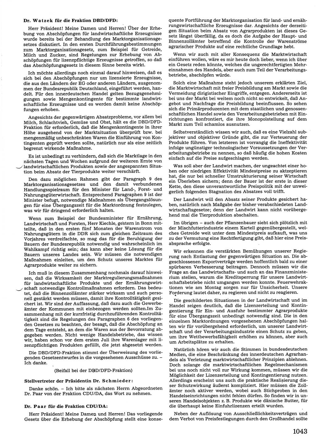 Tagungen der Volkskammer (VK) der Deutschen Demokratischen Republik (DDR), 10. Wahlperiode 1990, Seite 1043 (VK. DDR 10. WP. 1990, Prot. Tg. 1-38, 5.4.-2.10.1990, S. 1043)