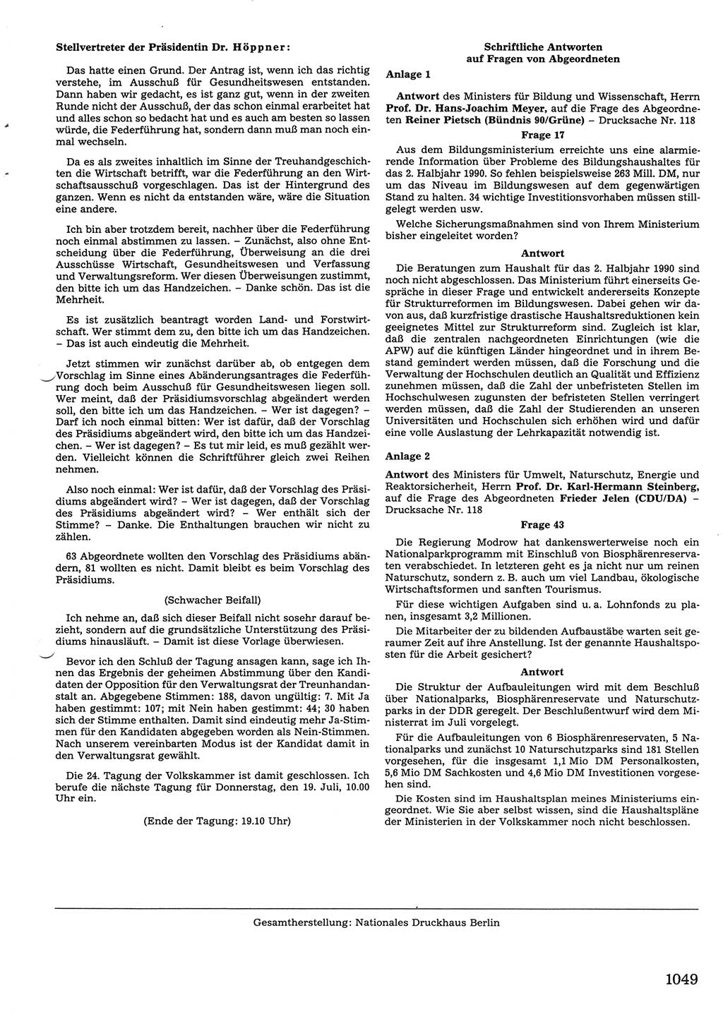 Tagungen der Volkskammer (VK) der Deutschen Demokratischen Republik (DDR), 10. Wahlperiode 1990, Seite 1049 (VK. DDR 10. WP. 1990, Prot. Tg. 1-38, 5.4.-2.10.1990, S. 1049)