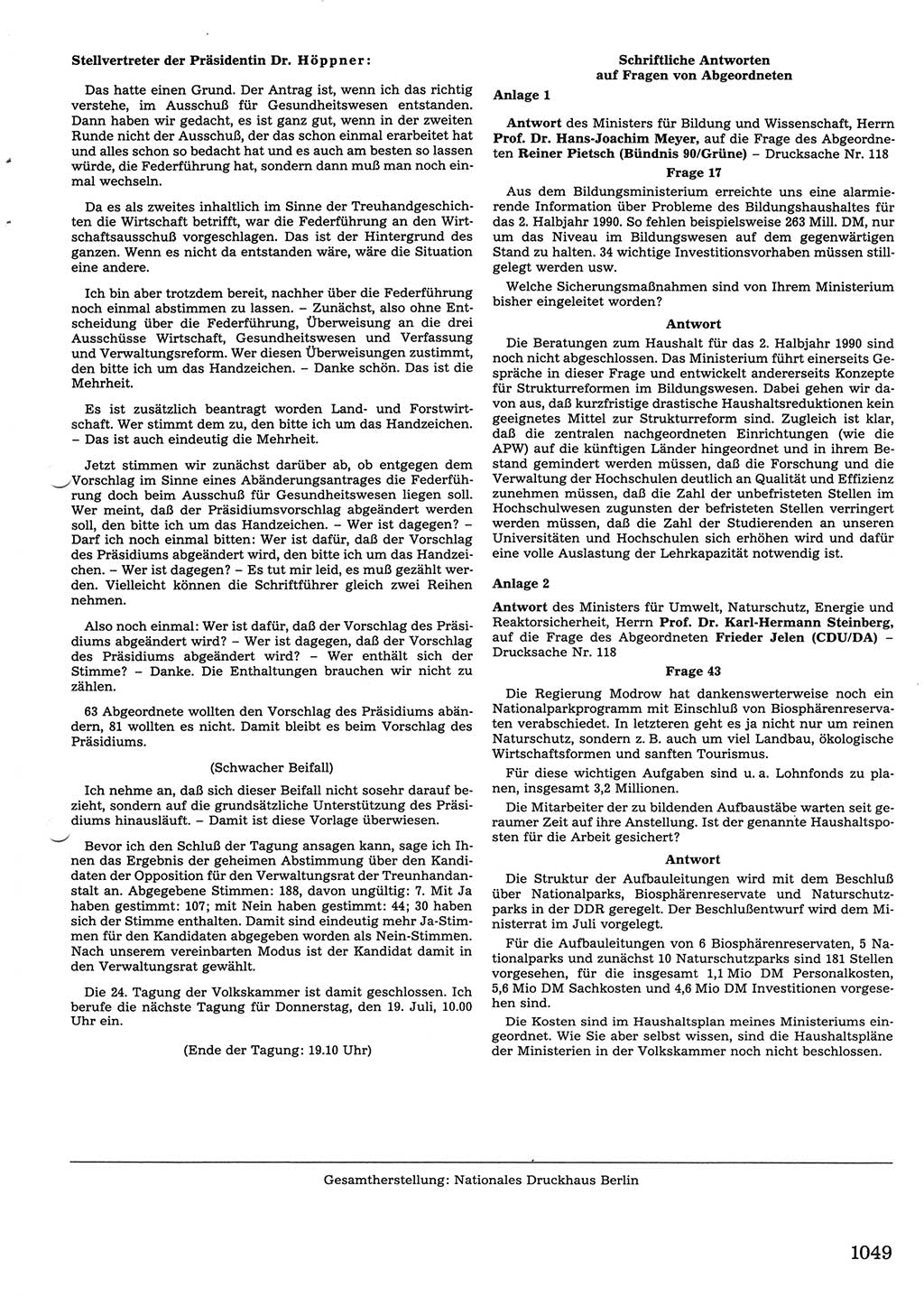 Tagungen der Volkskammer (VK) der Deutschen Demokratischen Republik (DDR), 10. Wahlperiode 1990, Seite 1049 (VK. DDR 10. WP. 1990, Prot. Tg. 1-38, 5.4.-2.10.1990, S. 1049)